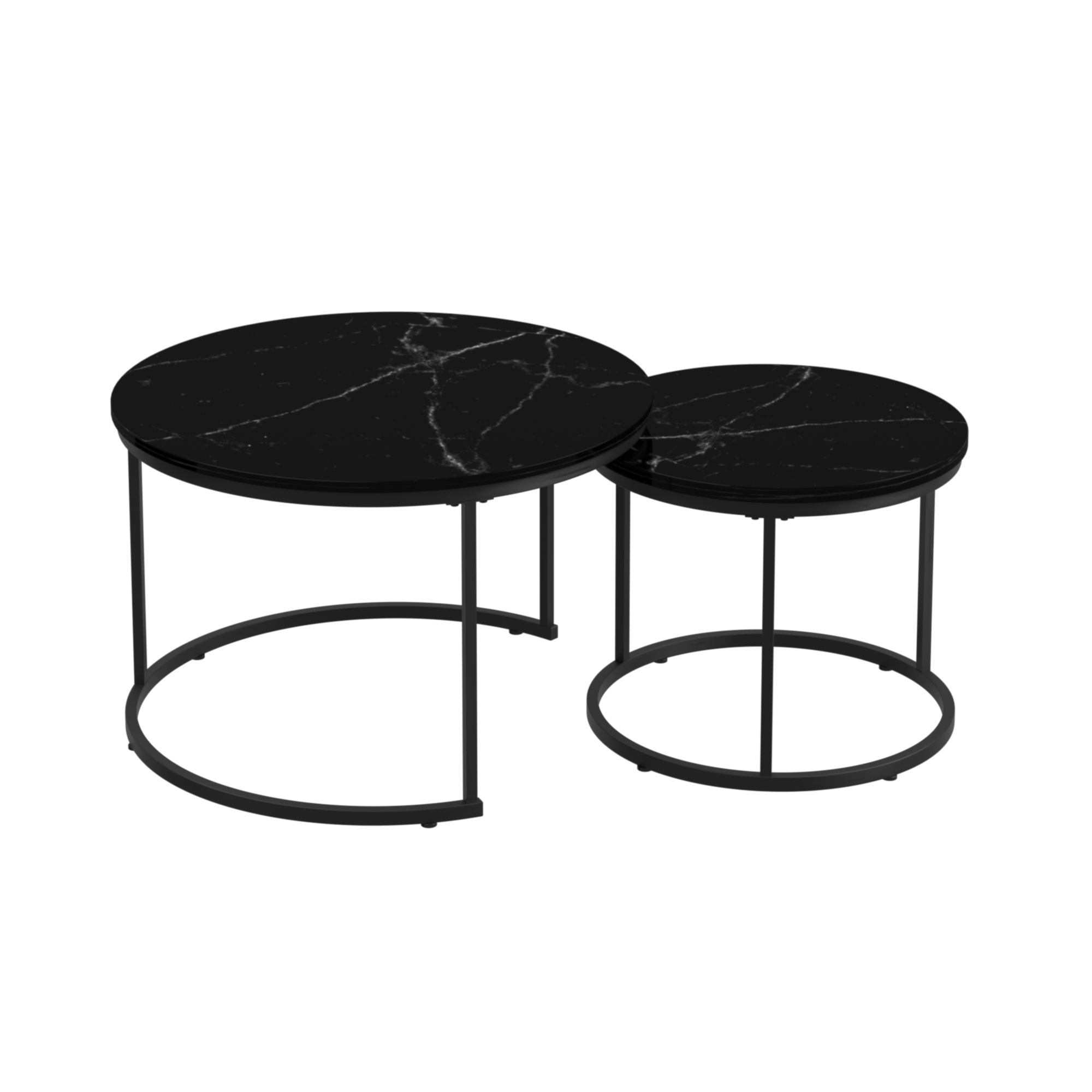 Nesting Coffee Table Set of 2, 27.6inch Round Coffee Table Wood Marble Pattern Top with Sturdy Metal Frame, End Table Side Tables for Living Room Bedroom Balcony Yard (Black)