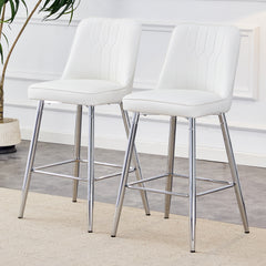 Modern White PU Bar Stool Set of 2 - Sleek Silver Metal Legs with Cross Reinforcement