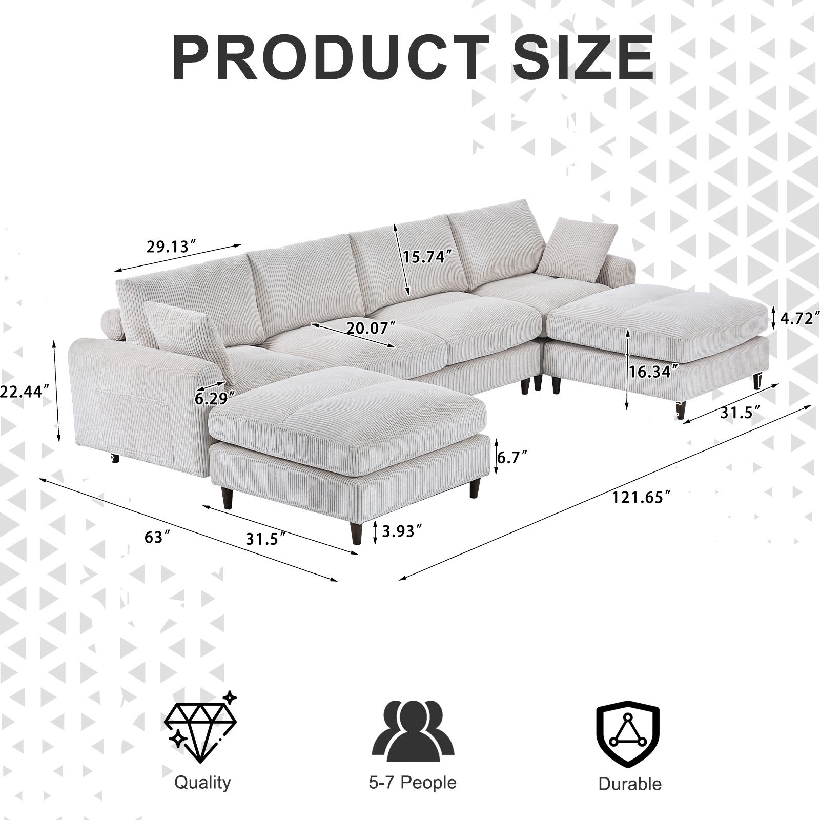 6-Seat Corduroy Modular Sofa, U/L Shape with Footstool – White