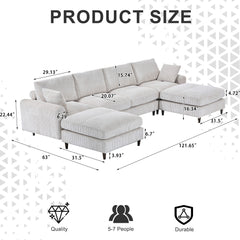 6-Seat Corduroy Modular Sofa, U/L Shape with Footstool – White