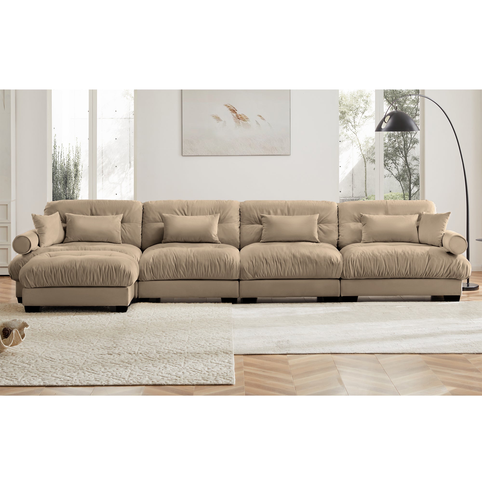 L-Shaped Convertible 4-Seater Cloud Sofa, Modern Velvet with Pillows and Bolstered Armrests,Camel