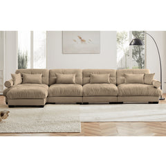 L-Shaped Convertible 4-Seater Cloud Sofa, Modern Velvet with Pillows and Bolstered Armrests,Camel