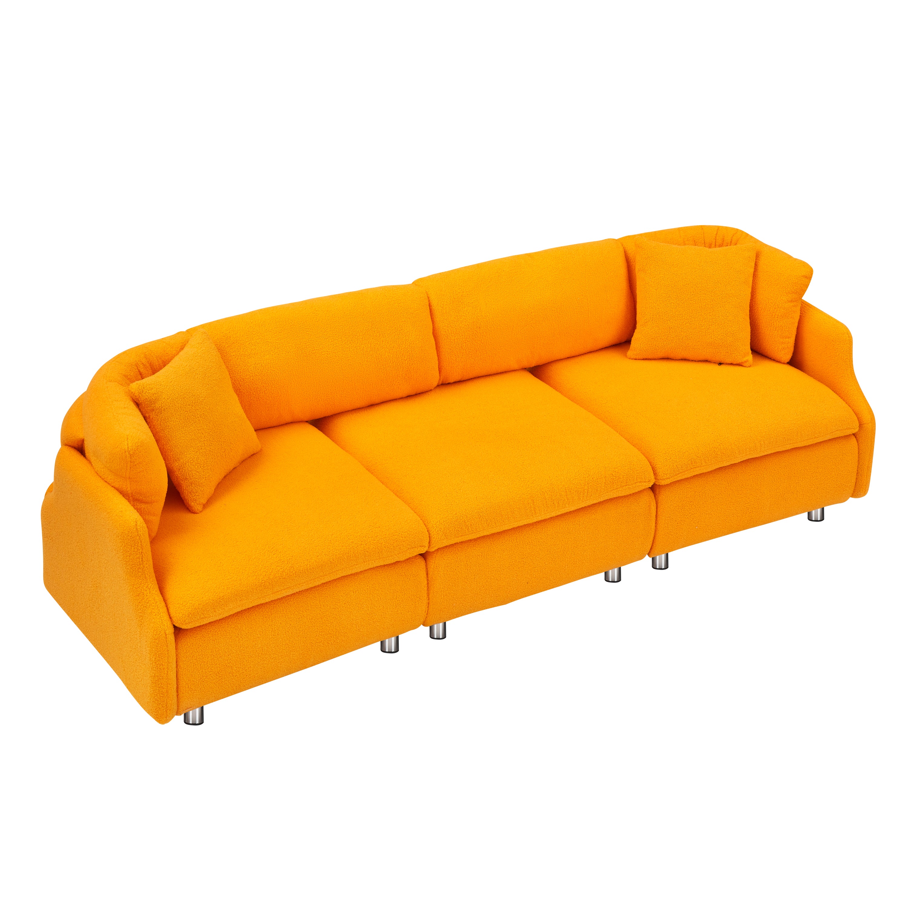 95.3" Orange Teddy Fleece Sofa With Two Throw Pillows - Spacious 3 Seat Sofa for Living Room