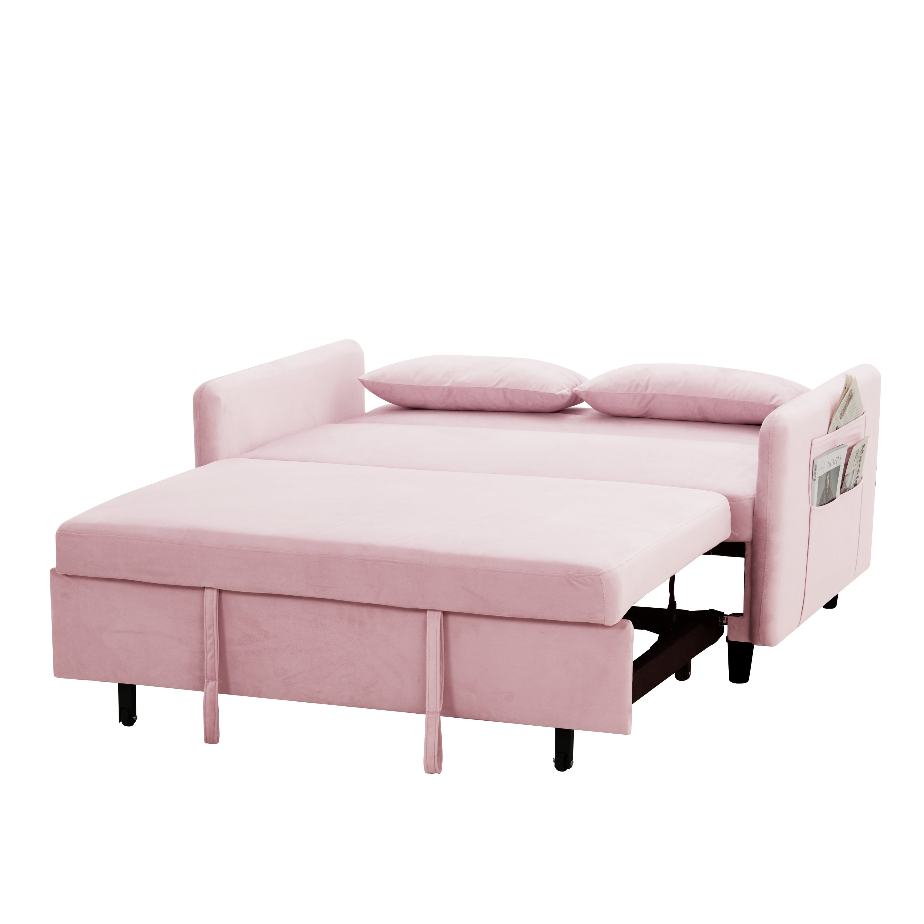 54" Pull-Out Sofa With Two Pillows Pink Velvet Loveseat For Small Living Room