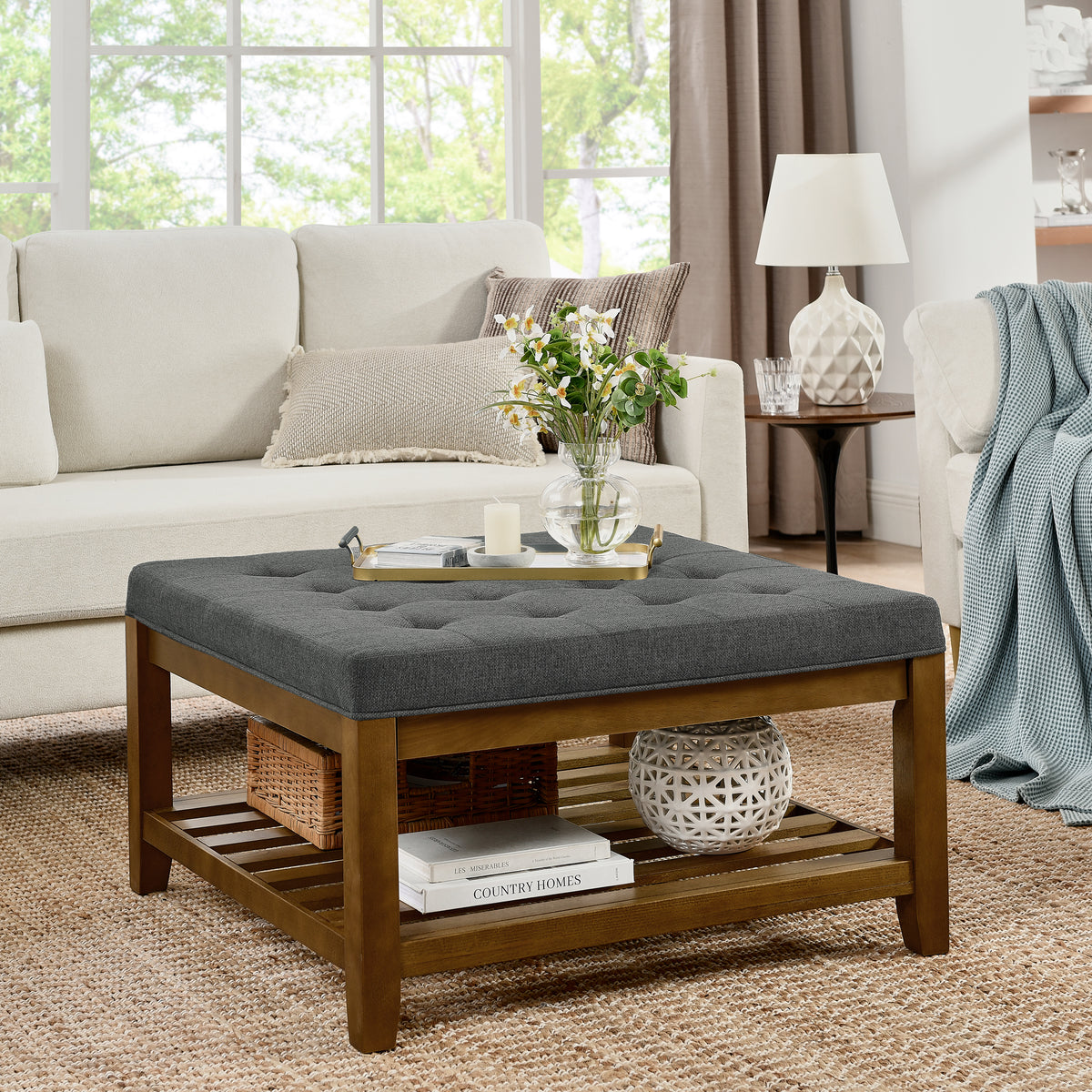 Tufted Upholstered Square Coffee Table Ottoman with Beech Wood Shelf, Oversized Footrest for Living Room, Dark Gray