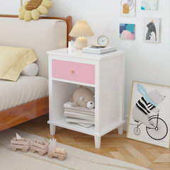 26.77''H Wooden Nightstand with One Drawer One Shelf for Kids, Adults, Pink