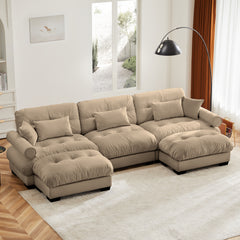 U-Shaped Modular Sectional Sofa with Movable Ottomans, Modern 3-Seater Corner Couch with Pillows and Bolstered Armrests, Camel