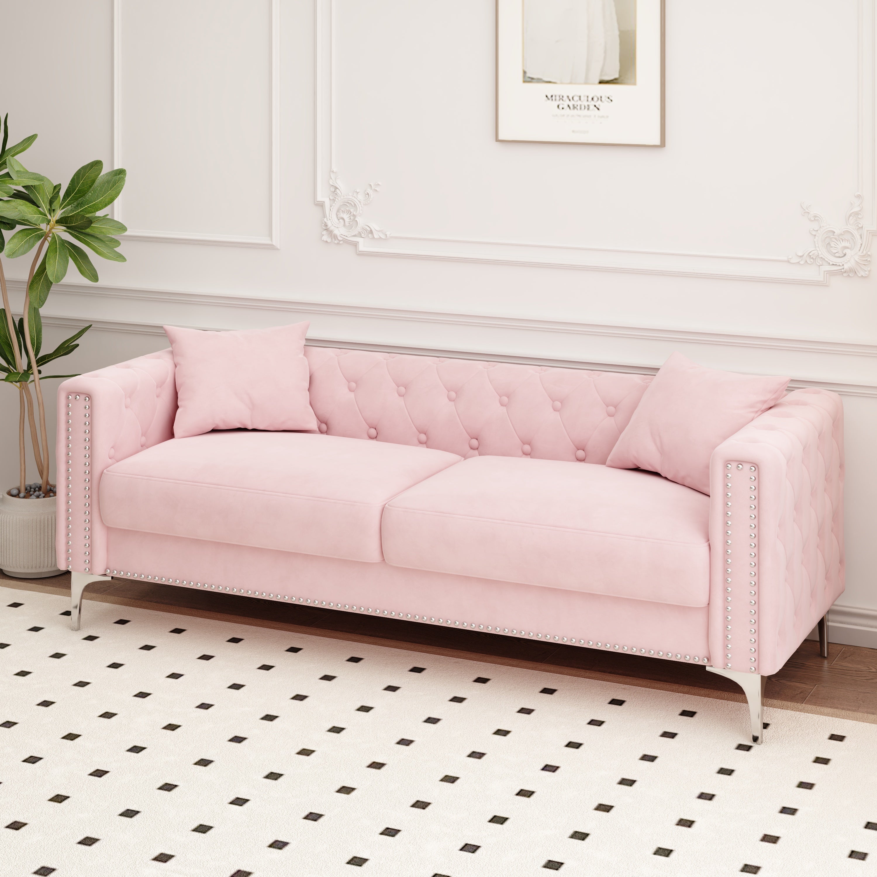 83" Pink Velvet 3-Seater Sofa with 2 Comfy Pillows - Perfect Design for Your Home