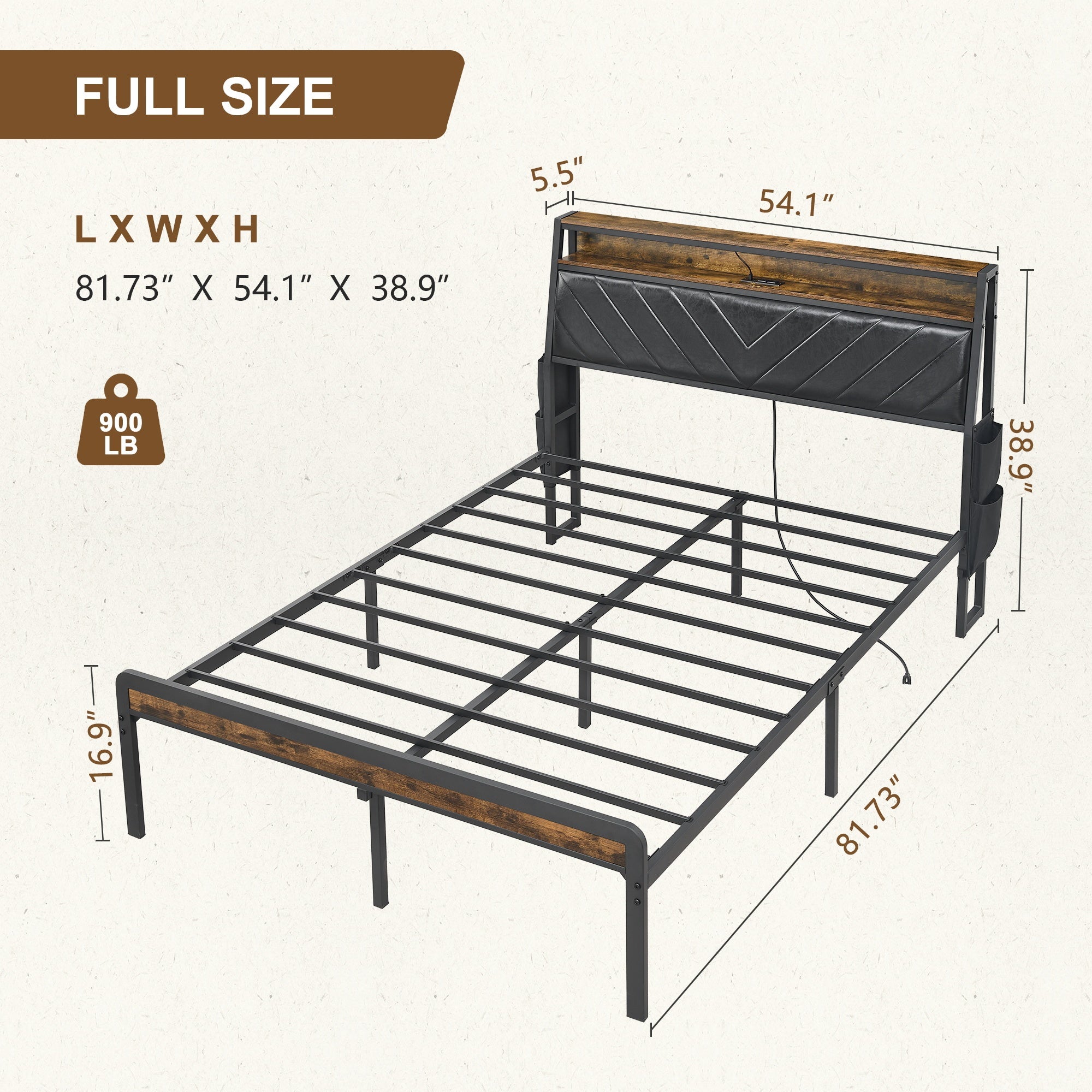 Full size Platform Bed Frame with 105-Degree Tilted Upholstered Headboard, Charging Station, LED Lights, Noiseless, Black and Brown