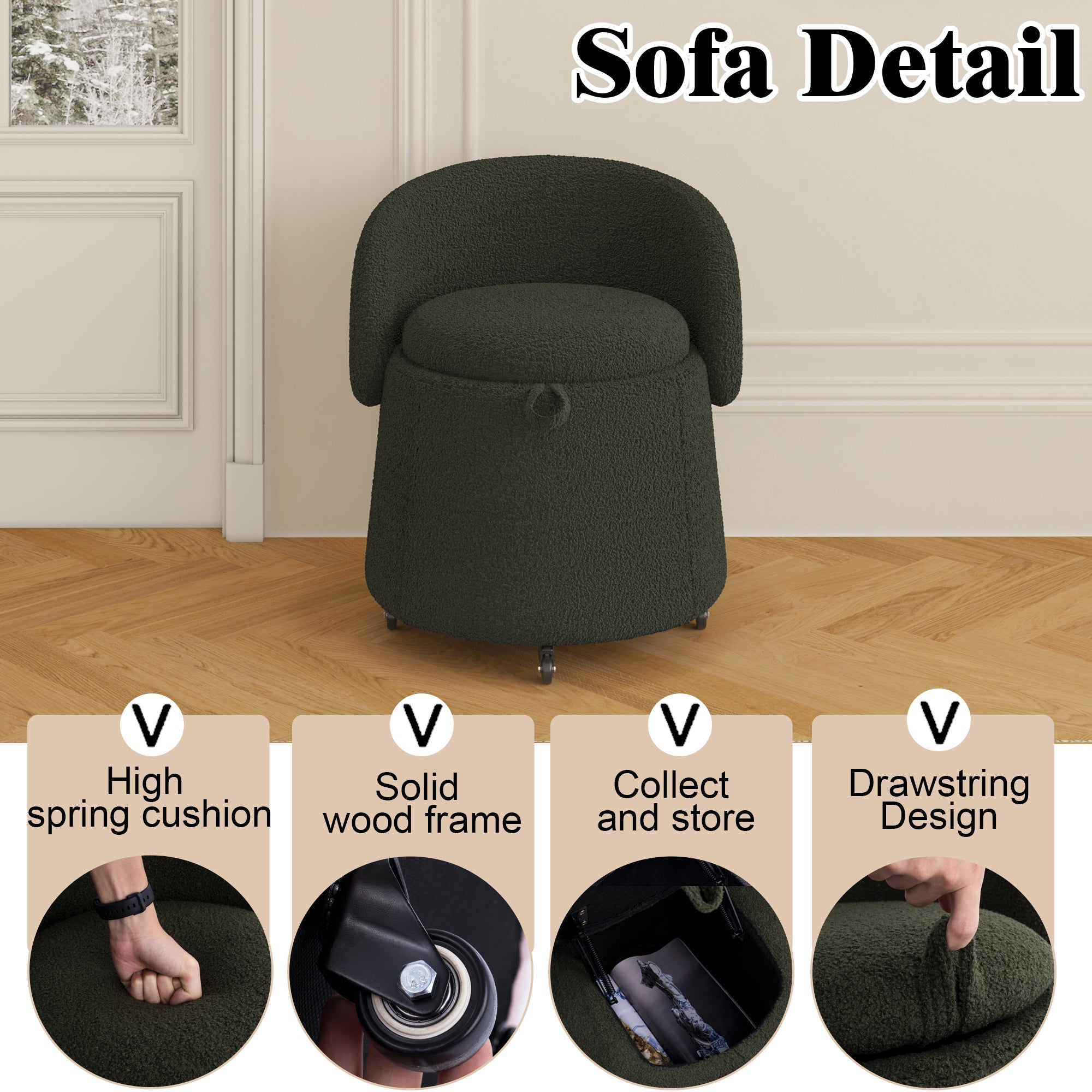 Modern 23" Movable Dark Green Storage Chair - Multi-Functional Design in Teddy Fleece for Living Room