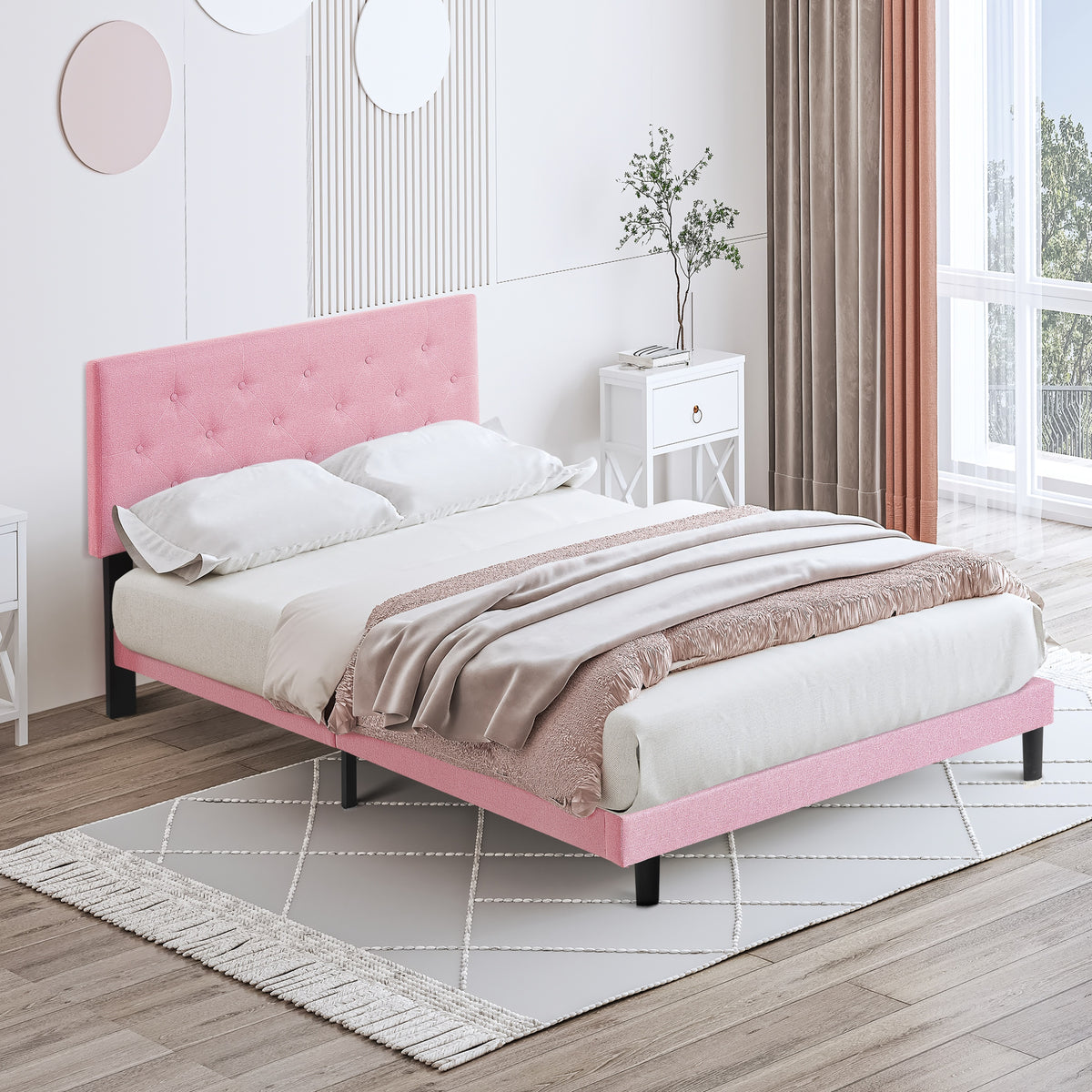 Queen Size Upholstered Platform Bed Frame with Modern Button Tufted Linen Fabric Headboard, No Box Spring Needed, Wood Slat Support, Easy Assembly, pink