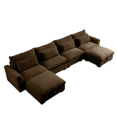 Big Deep Seat U-Shaped Corduroy Sectional Couches for Living Room, 4 Seater Sofa Couch with 2 Storage Footstool and 4 Waist Pillows (Corduroy, Brown)