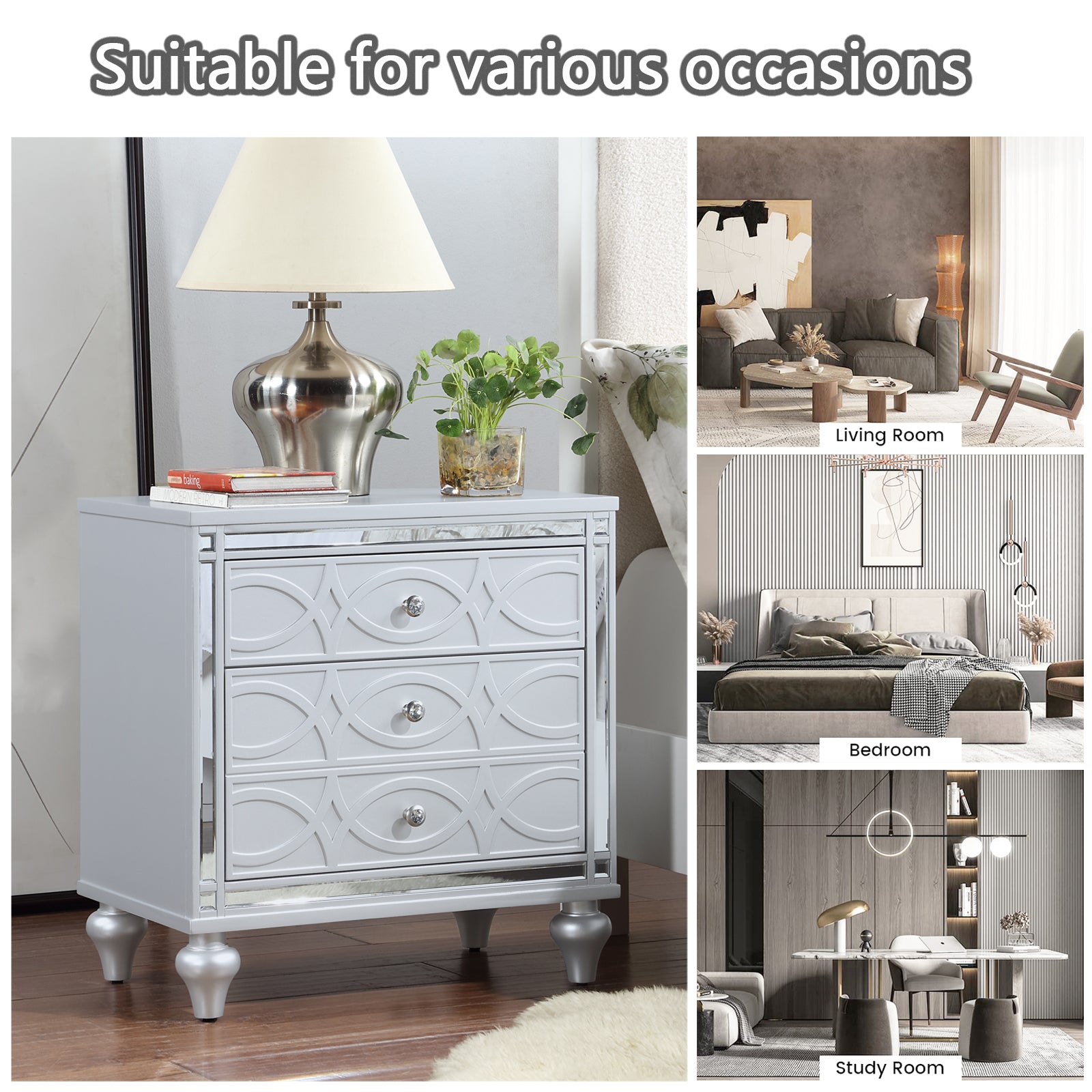 Contemporary Nightstands with mirror frame accents, Bedside Table with two drawers and one hidden drawer, End Table with Crystal Pull for Living Room,Bedroom, Silver