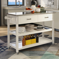 Stainless Steel Table Top White Kicthen Cart With Two Drawers