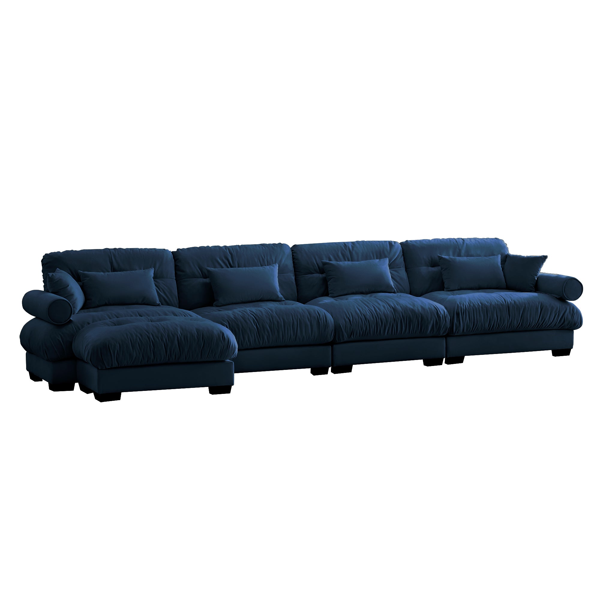 L-Shaped Convertible 4-Seater Cloud Sofa, Modern Velvet with Pillows and Bolstered Armrests, Blue