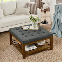 Tufted Upholstered Square Coffee Table Ottoman with Beech Wood Shelf, Oversized Footrest for Living Room, Dark Gray