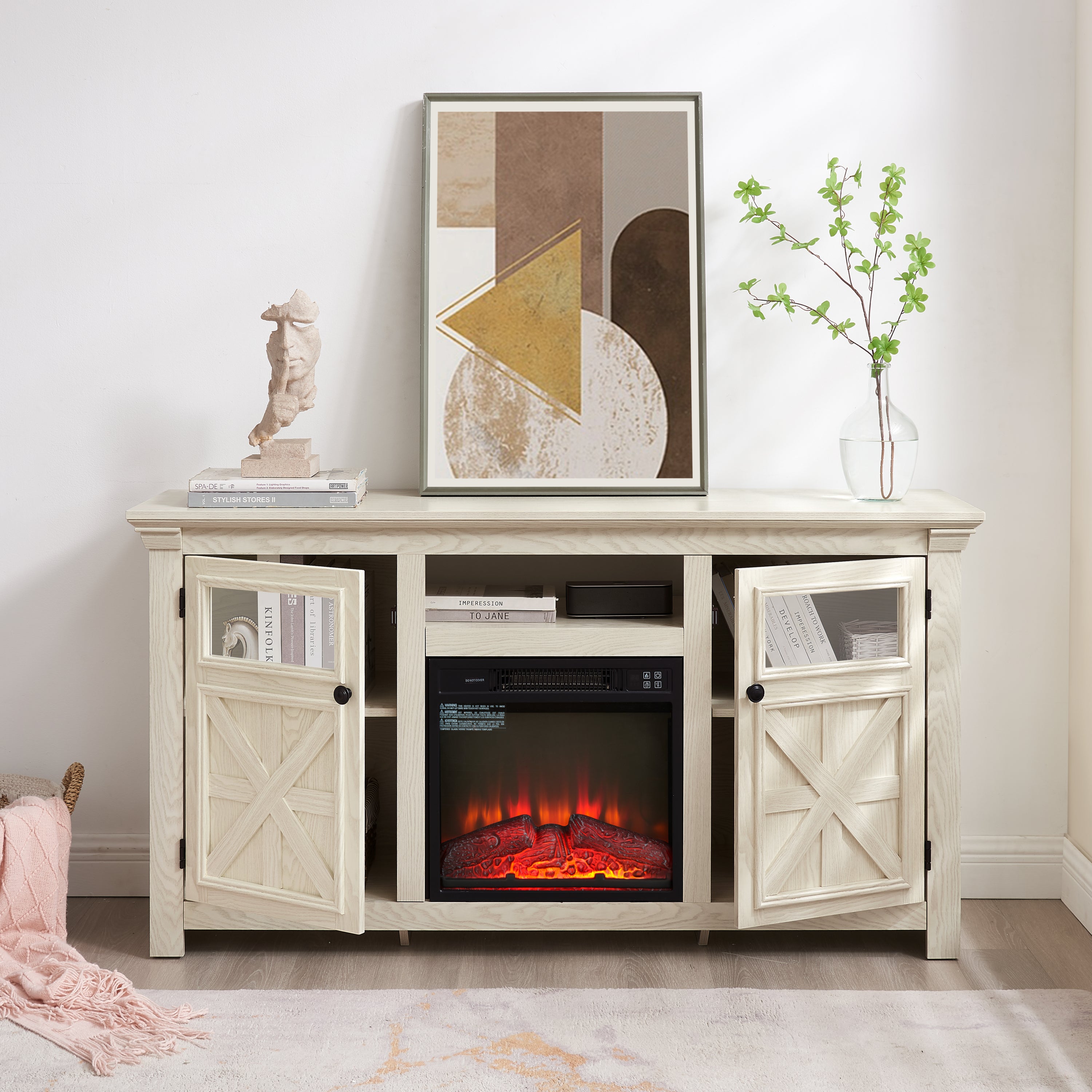 Farmhouse TV Stand with 2 Doors, Barn Design, Large Media Console with 18" Electric Fireplace Insert, WHITE