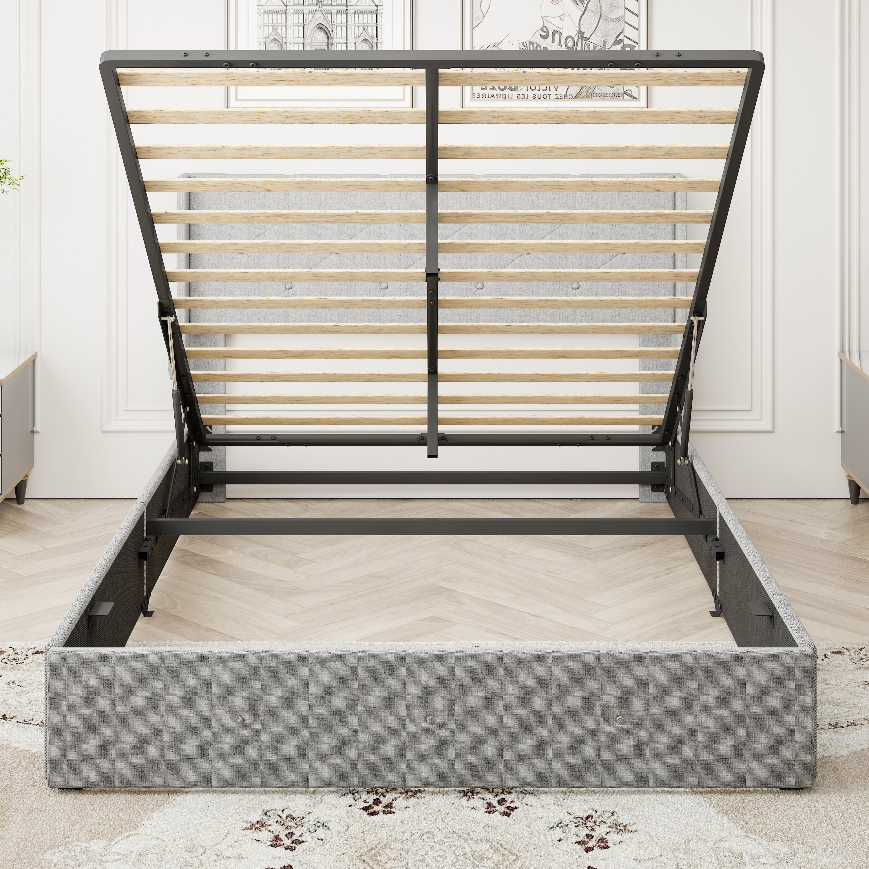 Full Size Bed Frame with Gas Lift Storage Bed with Modern Wingback Headboard, USB Ports