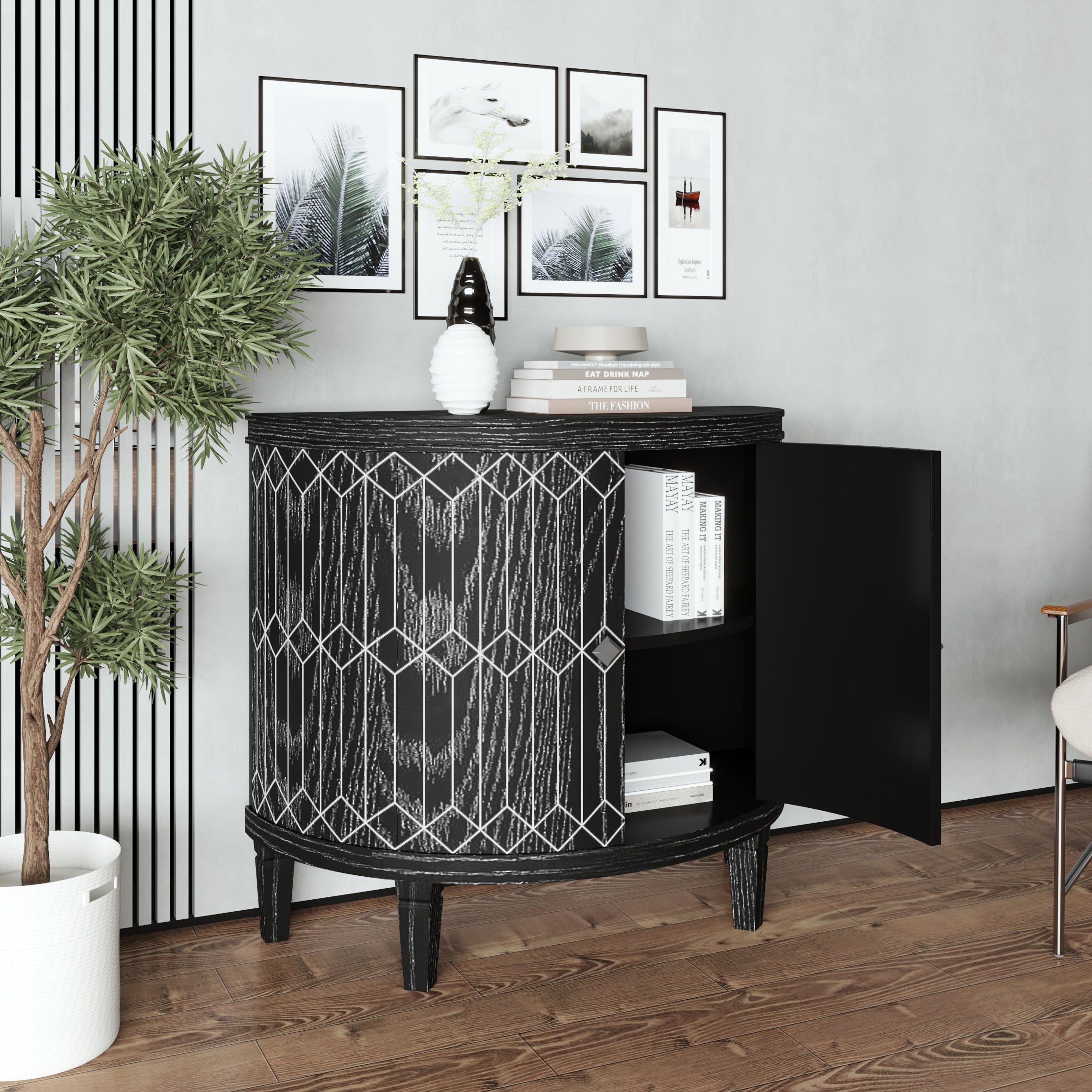 Accent Cabinet Modern Half-moon 2 Door Wooden Cabinet Storage Cabinet Solid Wood Veneer with Featuring Two-tier Storage, for Living Room, Hallway, Entryway and Dining Room, Painted in Black