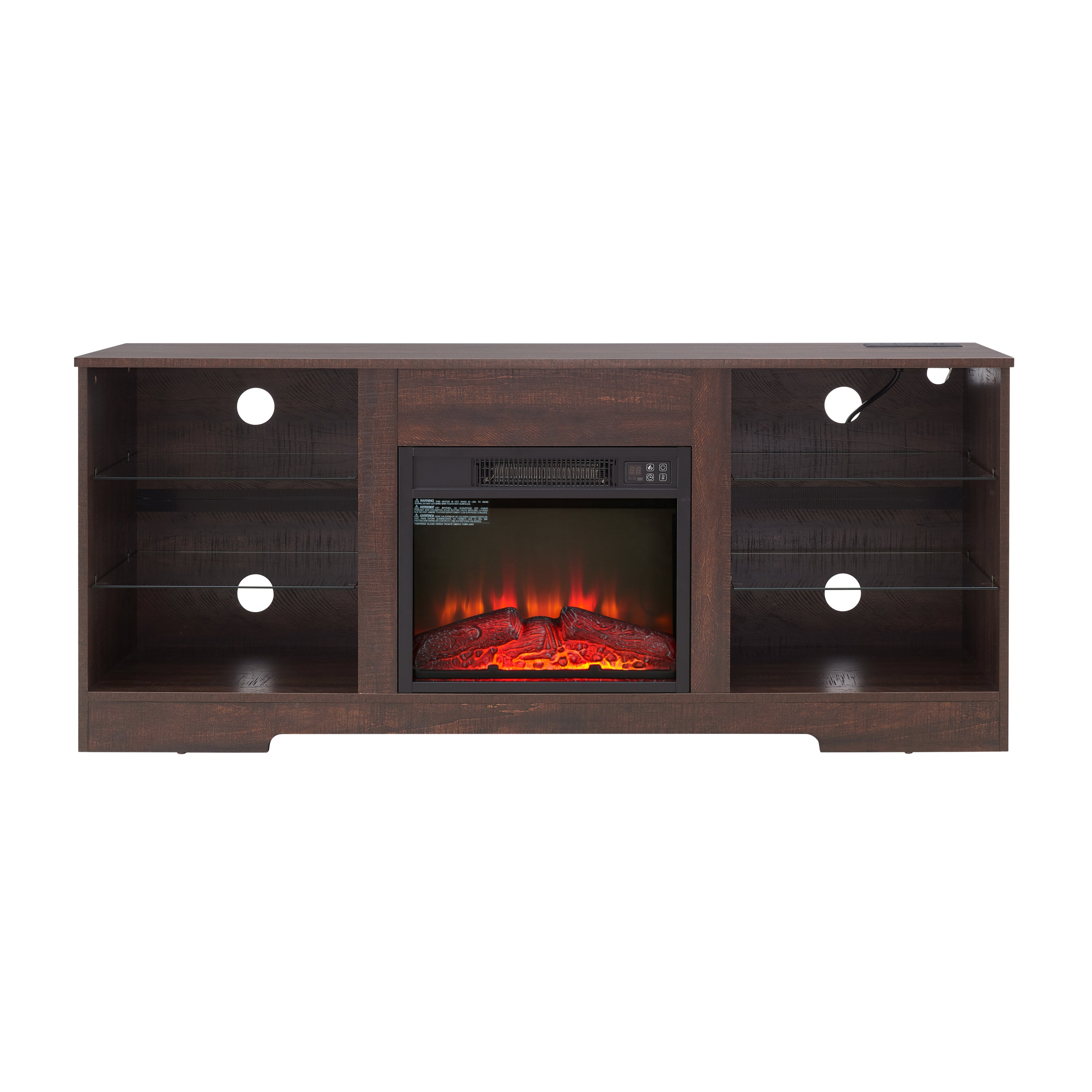 Electric Fireplace TV Stand with Glass Shelves, LED Lights, USB Charging Outlet, Fits TVs up to 62", Dark Brown