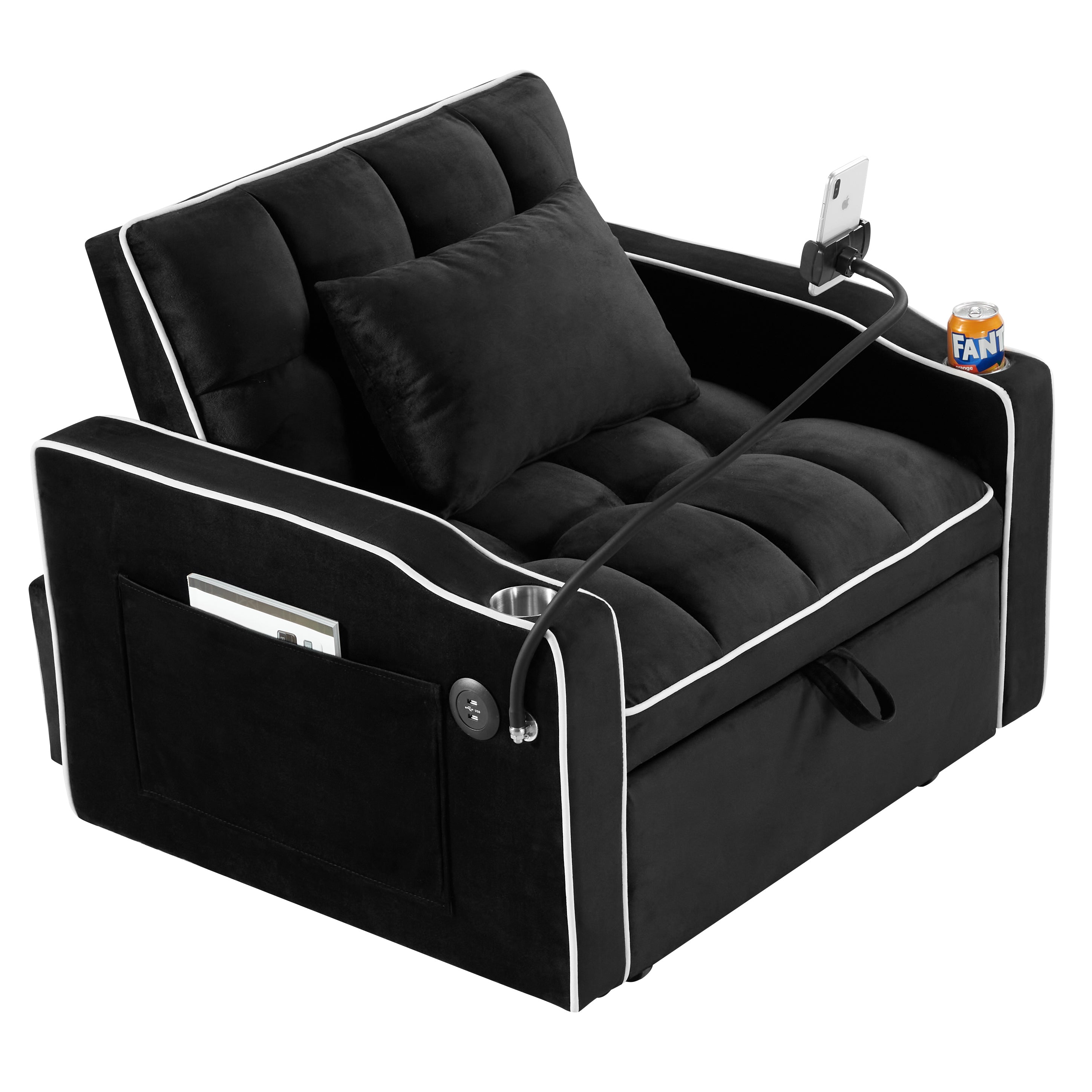 Convertible Chair Sofa Bed, Adjustable Pull-Out Design with Multi-Pockets for Living Room and Small Spaces, Black