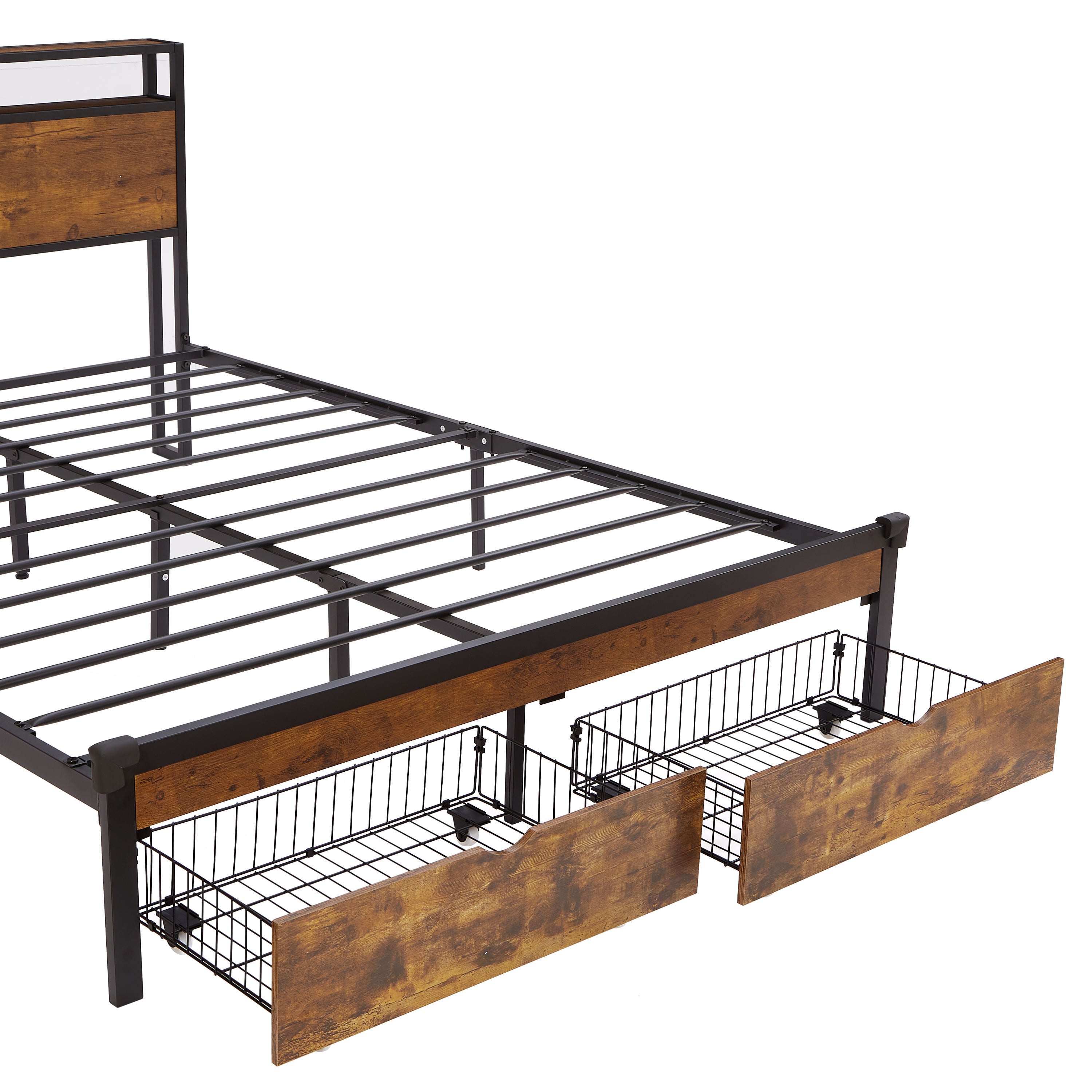 King Size Metal Platform Bed Frame with Wooden Headboard and Footboard with USB,Charging Station,2 Drawers,LED Lights, No Box Spring Needed, Easy Assemble