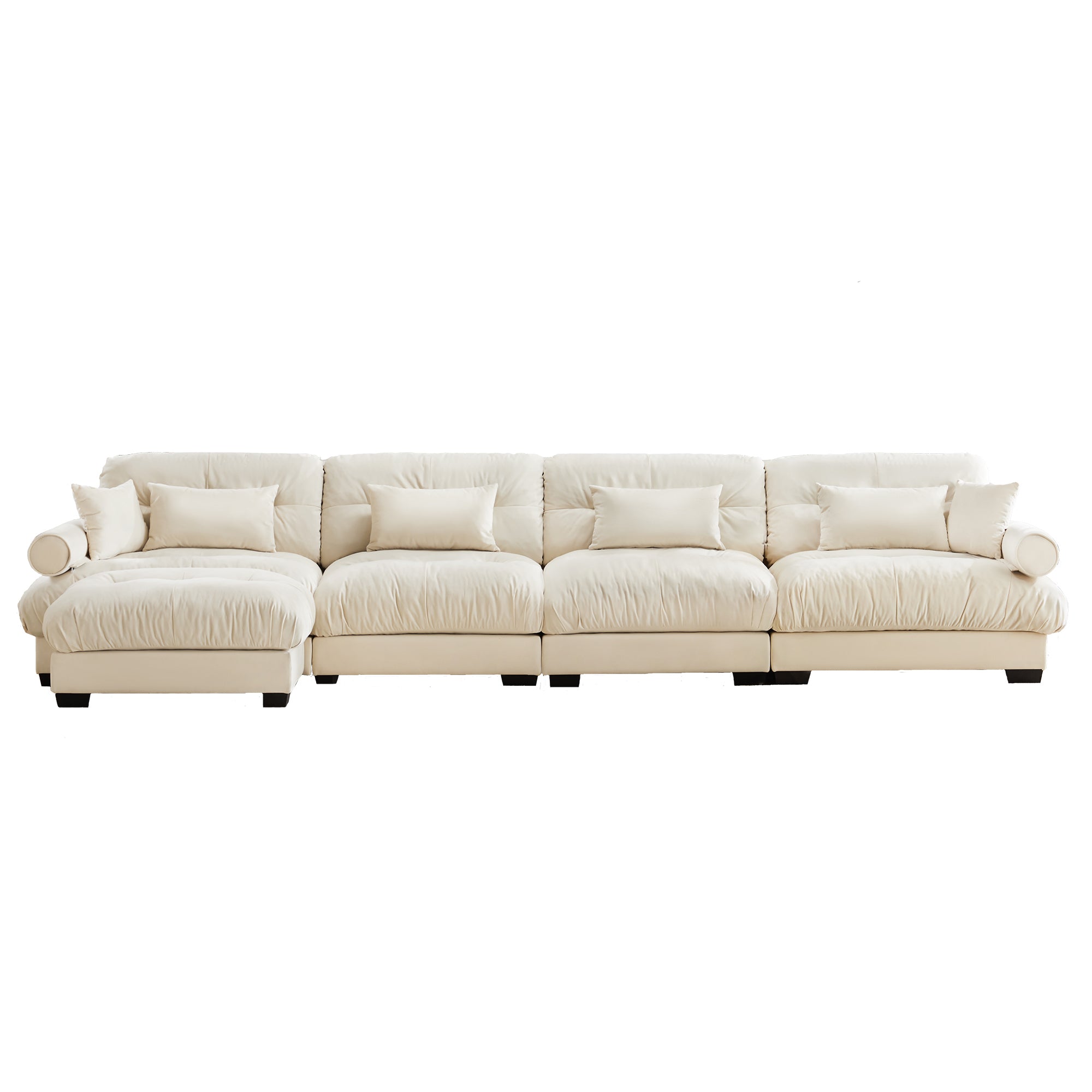 L-Shaped Convertible 4-Seater Cloud Sofa, Modern Velvet with Pillows and Bolstered Armrests,Cream