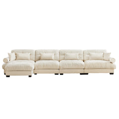 L-Shaped Convertible 4-Seater Cloud Sofa, Modern Velvet with Pillows and Bolstered Armrests,Cream