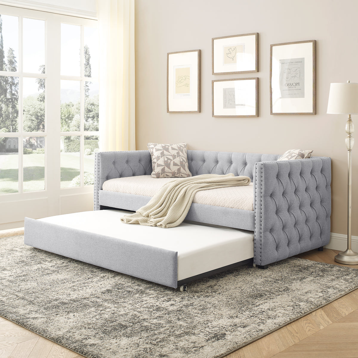 Daybed with Trundle Upholstered Tufted Sofa Bed, with Button and Copper Nail on Square Arms,both Twin Size,Grey(85"x42.5"x31.5")(Old SKU W487S00045)