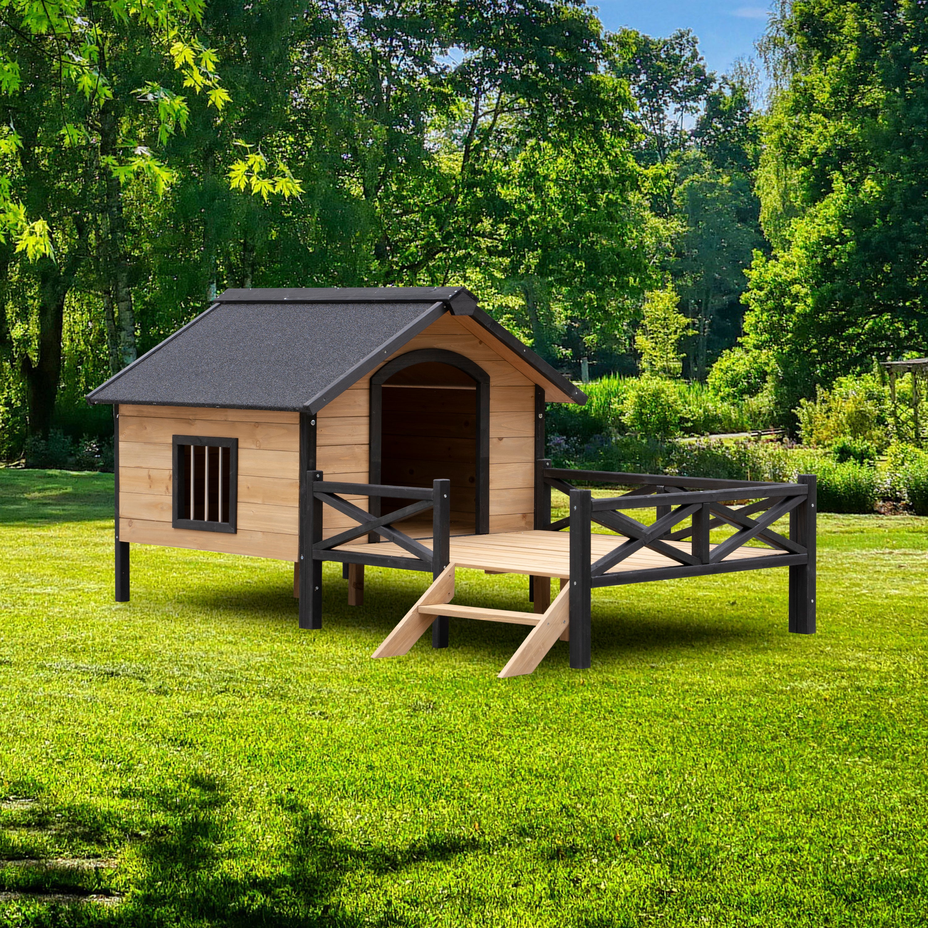 Large Wooden Dog Kennel with Porch, Outdoor Cabin House for Medium & Large Dogs