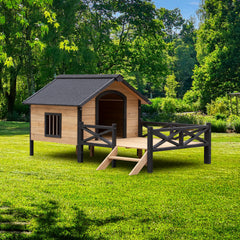 Large Wooden Dog Kennel with Porch, Outdoor Cabin House for Medium & Large Dogs