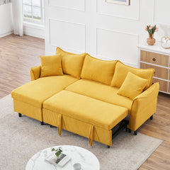 80" Yellow Corduroy L-Shaped Sofa Bed With Two Small Pillows - 3-Seater Sleeper Sofa With Storage For Living Room