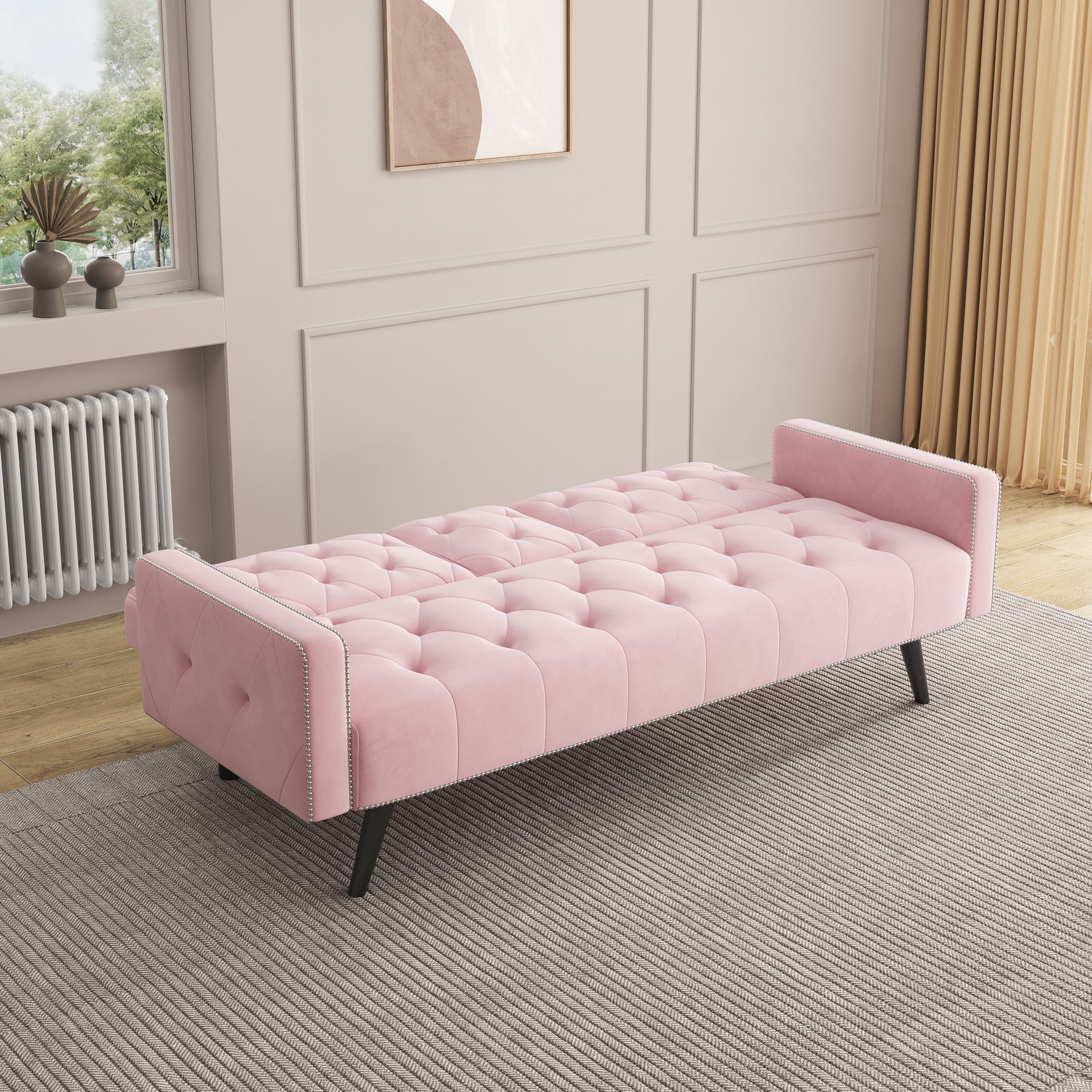 72" Pink Velvet Sofa Bed with Nail Head Trim & Two Cup Holders Sleeper Sofa for Small Living Room