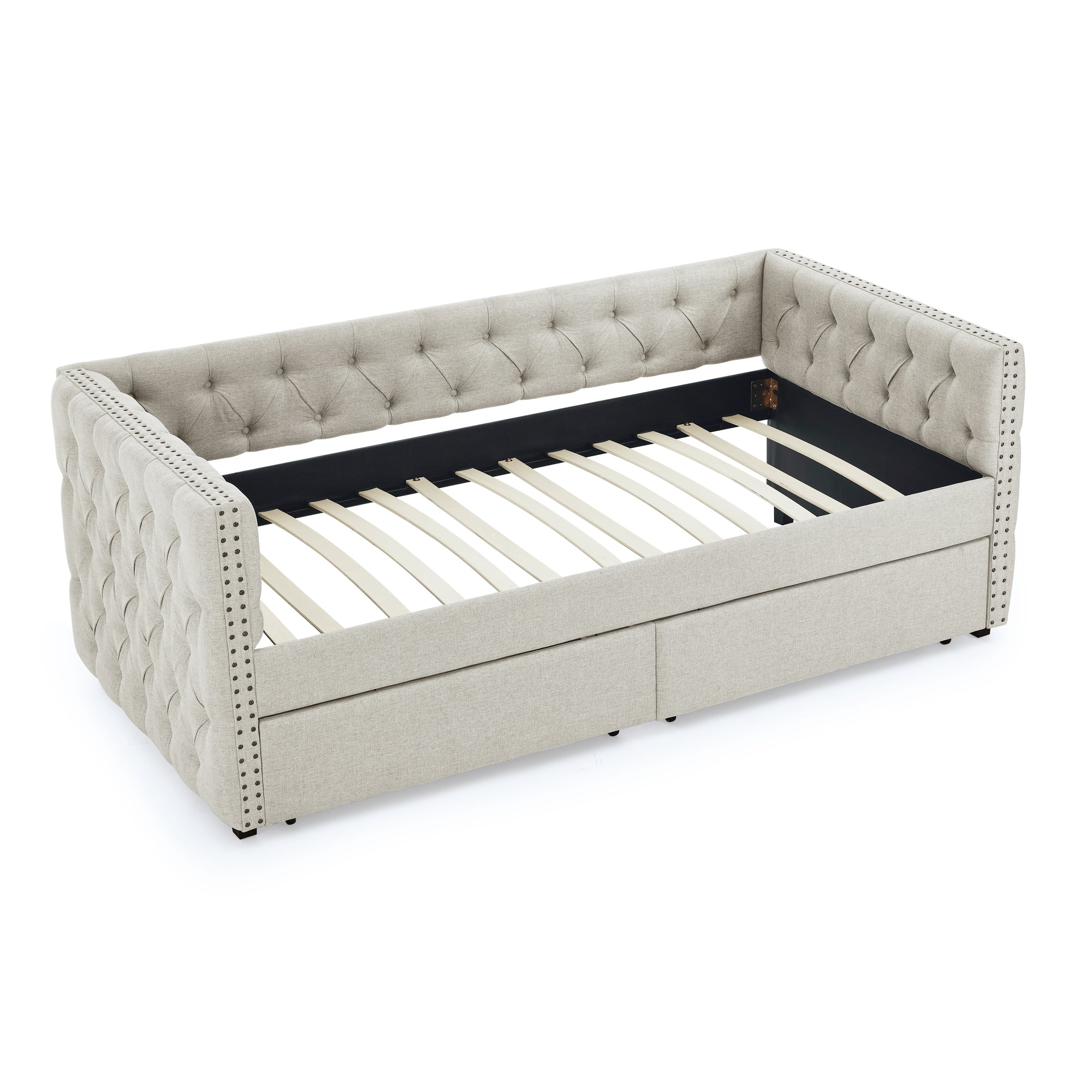 Upholstered Twin Size Daybed with Two Drawers, with Button and Copper Nail on Square Arms, Beige (82.75''x43''x30.75'')