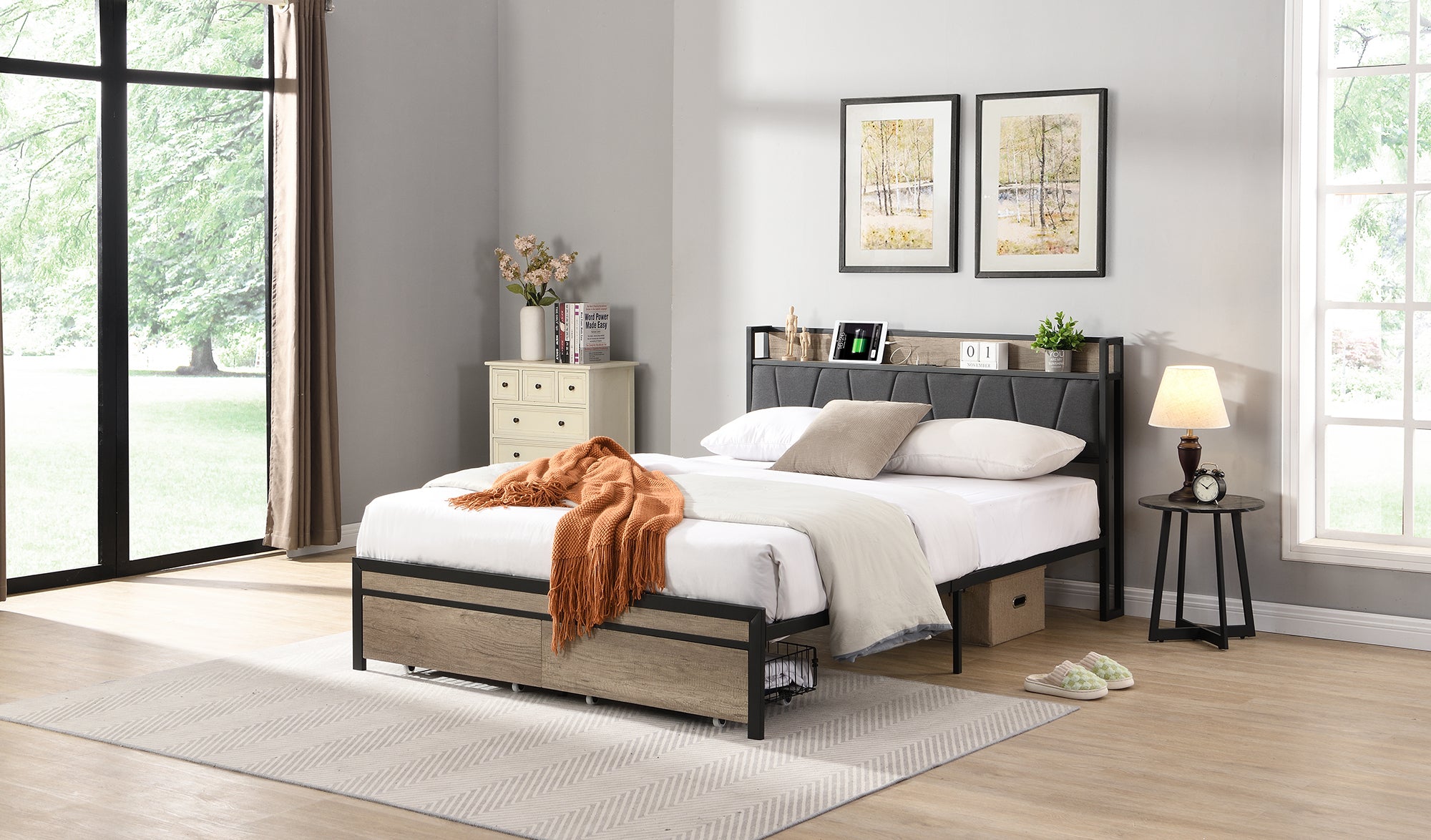 Queen Size  Metal Platform Bed Frame with upholstery storage function Headboard   and USB LINER  and Footboard with drawers , No Box Spring Needed, Large Under Bed Storage, Easy Assemble