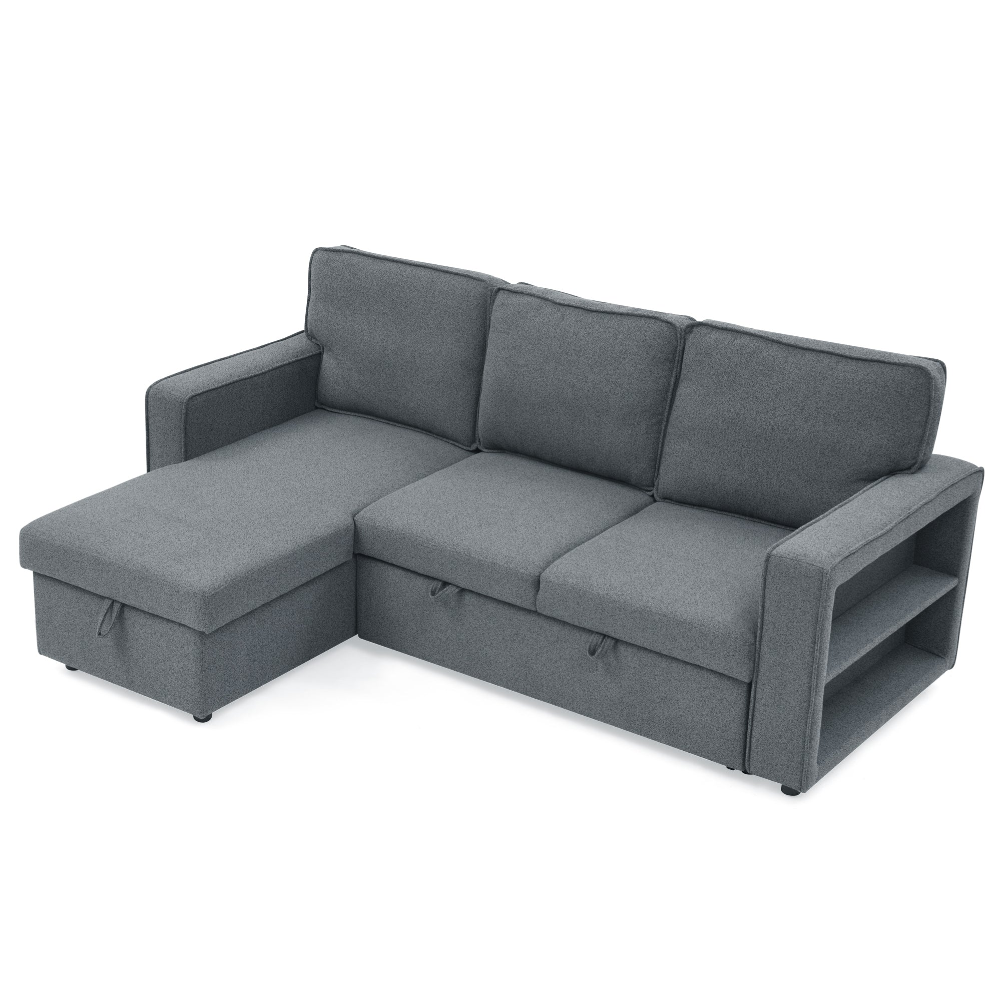 Linen Upholstered Sleeper Sectional Sofa, Shaped Modular Convertible Sofa with Storage Chaise,There are two cup holders in the middle and USB multi-interface function,Pull Out Sleep Couch Bed ,Grey