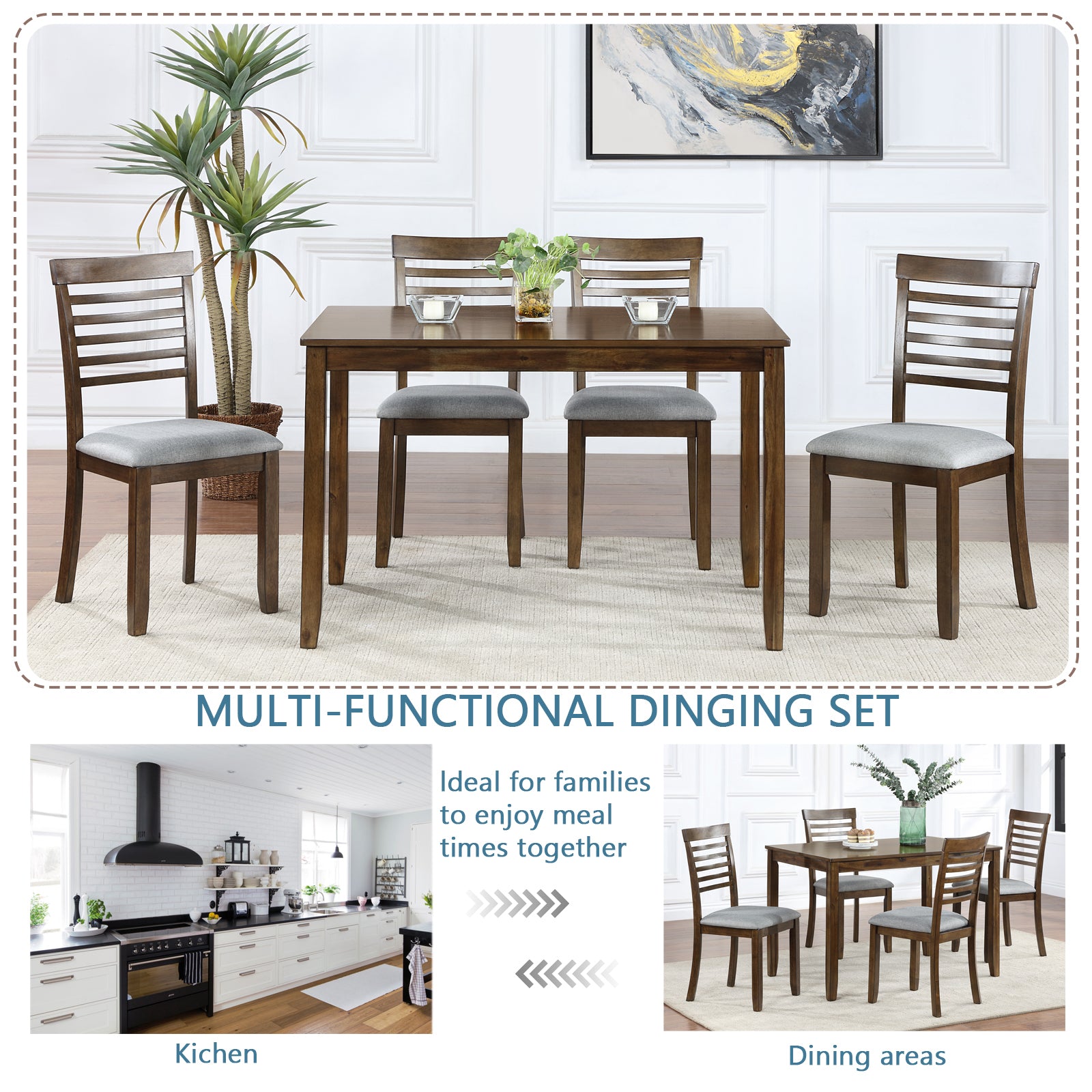 5 Piece Modern Dining Set, Rectangular Wooden Dining Table with 4 Upholstered Chairs for Kitchen, Dining Room, Walnut