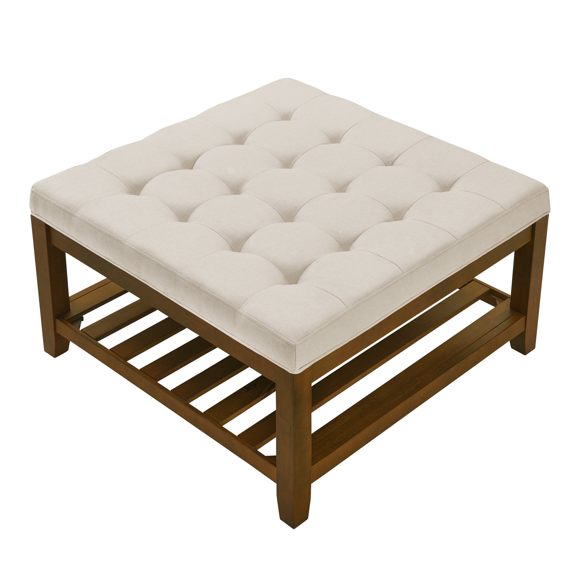 Tufted Upholstered Square Coffee Table Ottoman with Beech Wood Shelf, Oversized Footrest for Living Room, Beige