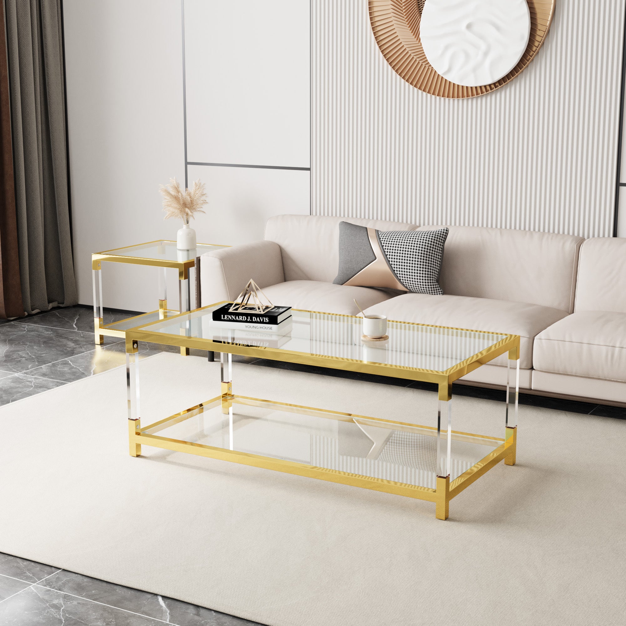 Modern minimalist style gold metal frame with acrylic leg coffee table