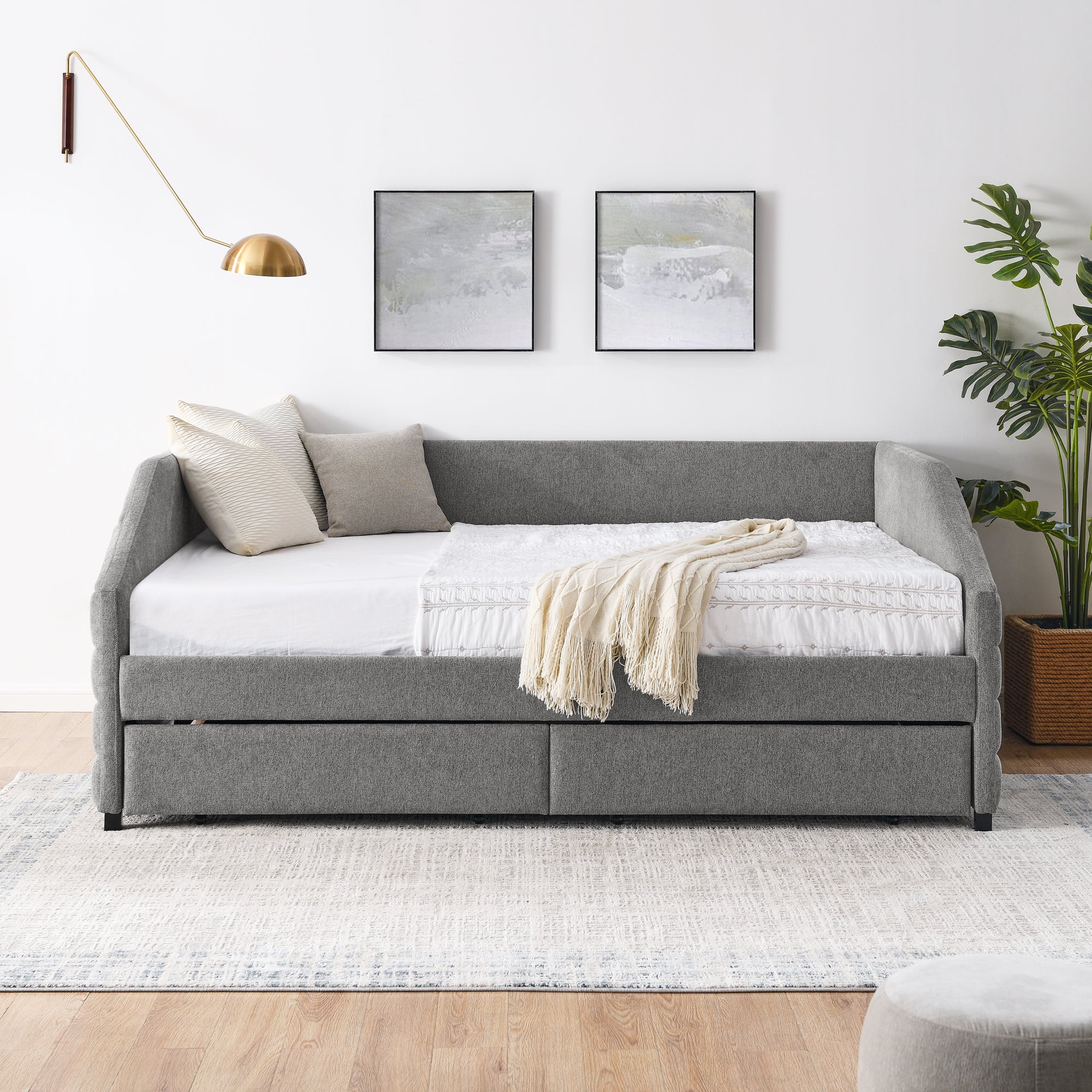 Queen Size Daybed with Two Drawers Trundle Upholstered Tufted Sofa Bed, Linen Fabric, Grey (88"x64.5"x34")