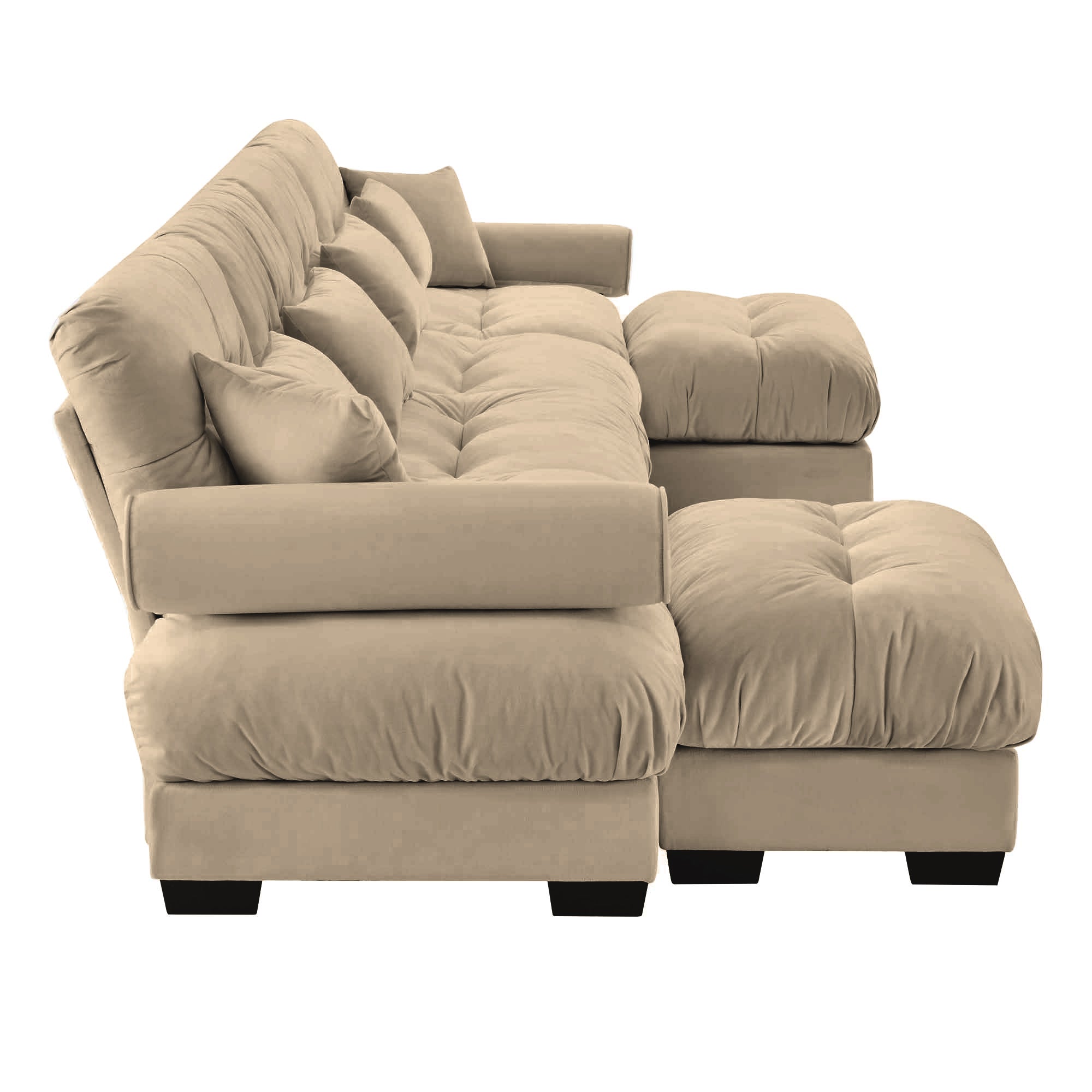 U-Shaped Velvet Sectional Cloud Couch with Movable Ottomans, Deep 4-Seater with Bolstered Armrests and Pillows, Camel