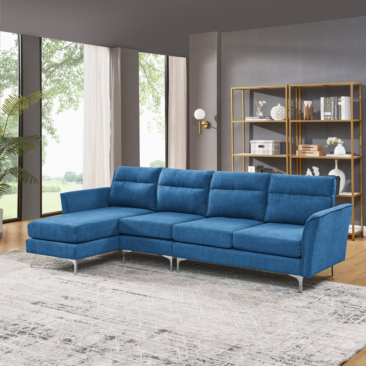 Modern Sofa 3-Seat Couch with Stainless Steel Trim and Metal Legs for Living Room,New package compression sofa technology,Navy blue