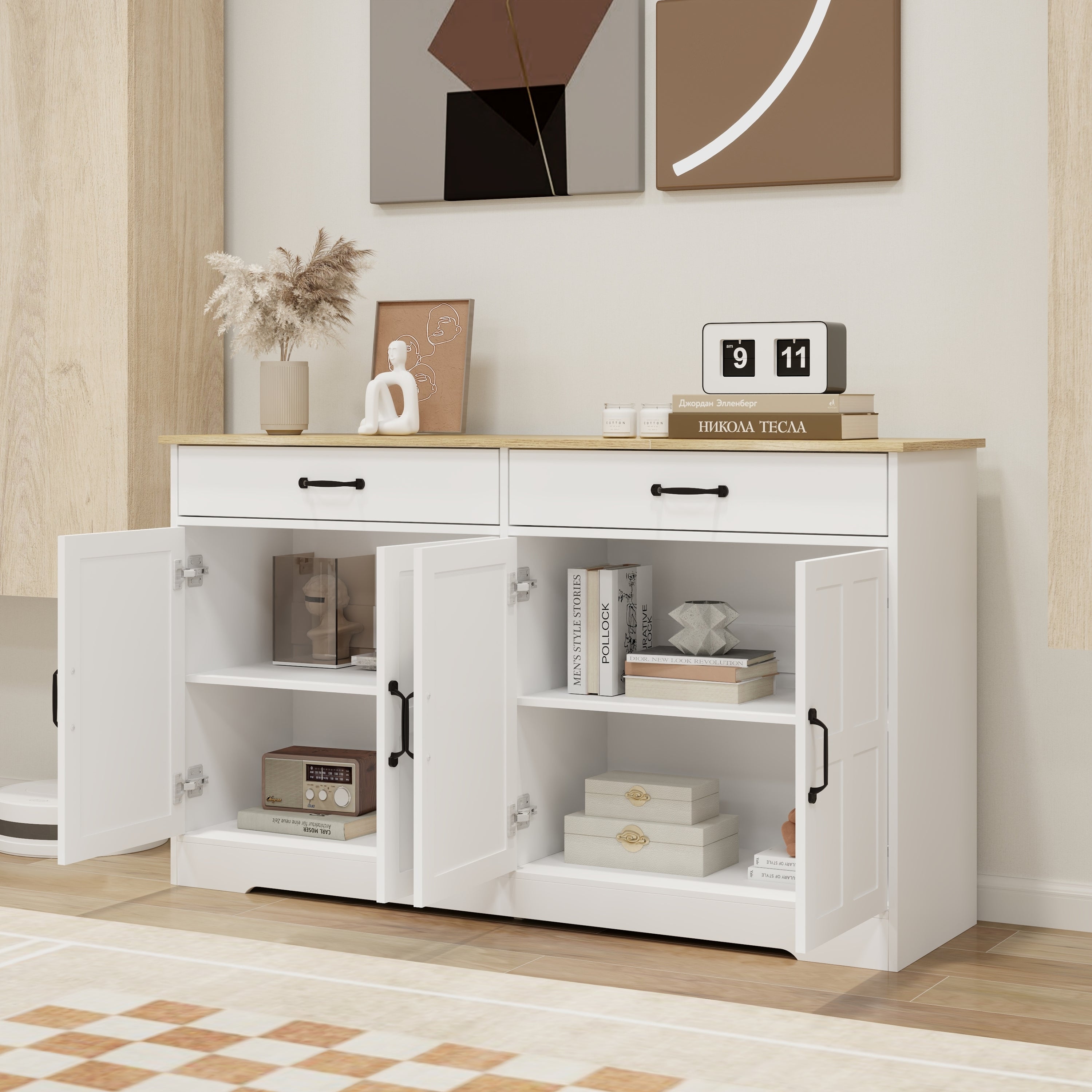 55.91" Large Farmhouse Buffet Cabinet Storage Sideboard with 2 Drawers and 4 Doors for Dining Living Room Kitchen Cupboard-White