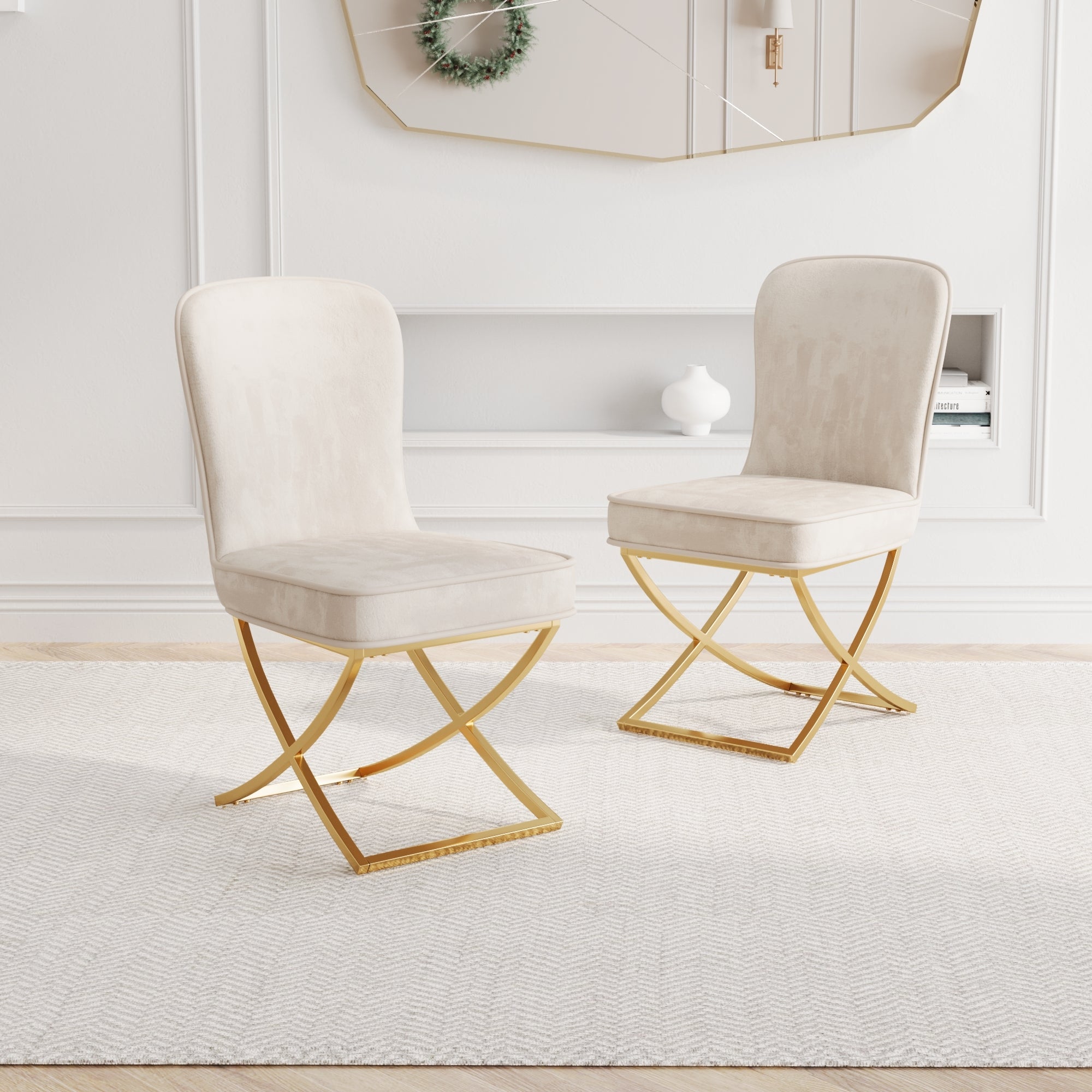 Dining Chair Set of 2, Beige velvet Backrest and golden Metal legs.For Modern Kitchen Dining Room Chair for Kitchen Living Modern decorative Leisure chairs.Office chairs