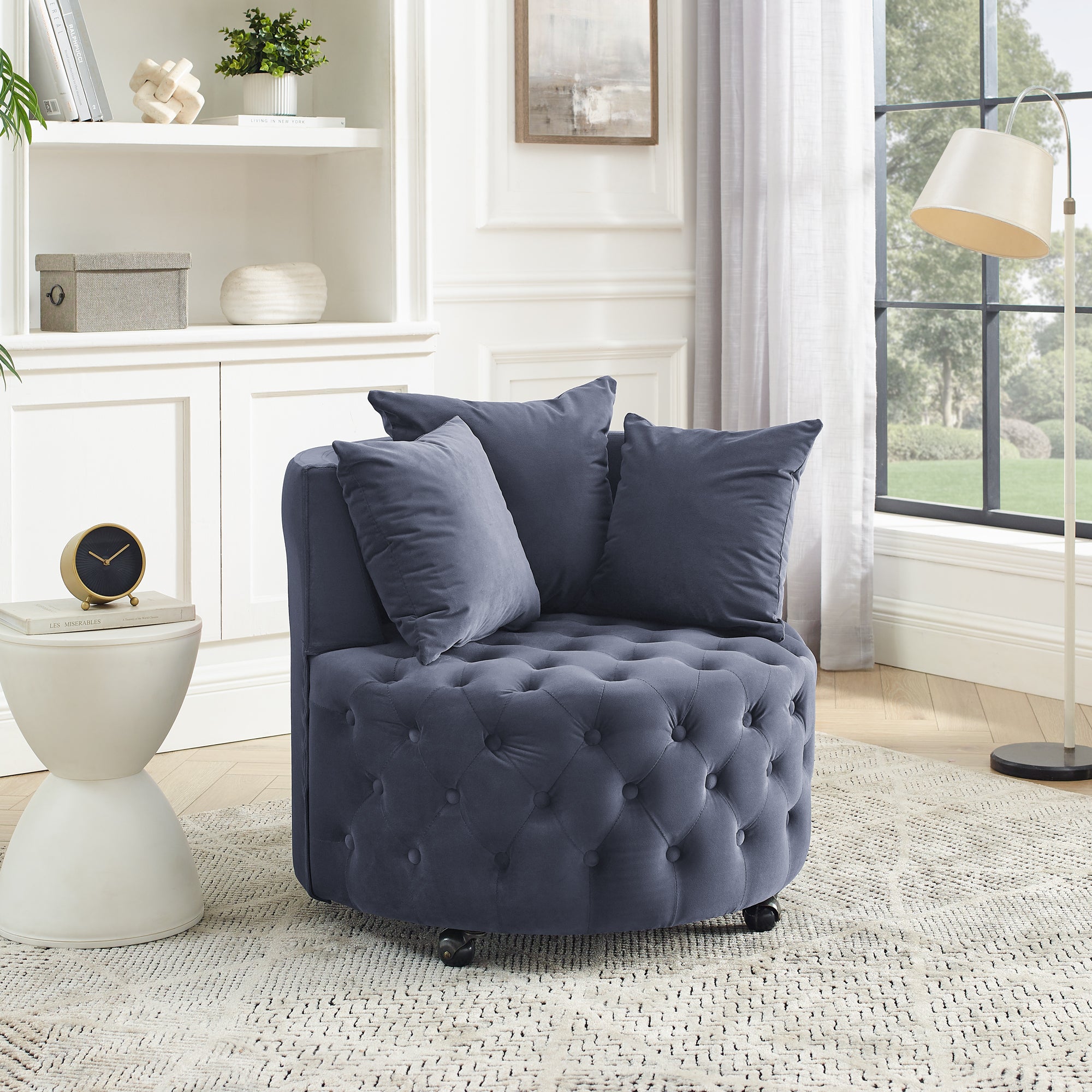 Velvet Upholstered Swivel Chair for Living Room, with Button Tufted Design and Movable Wheels, Including 3 Pillows, Grey