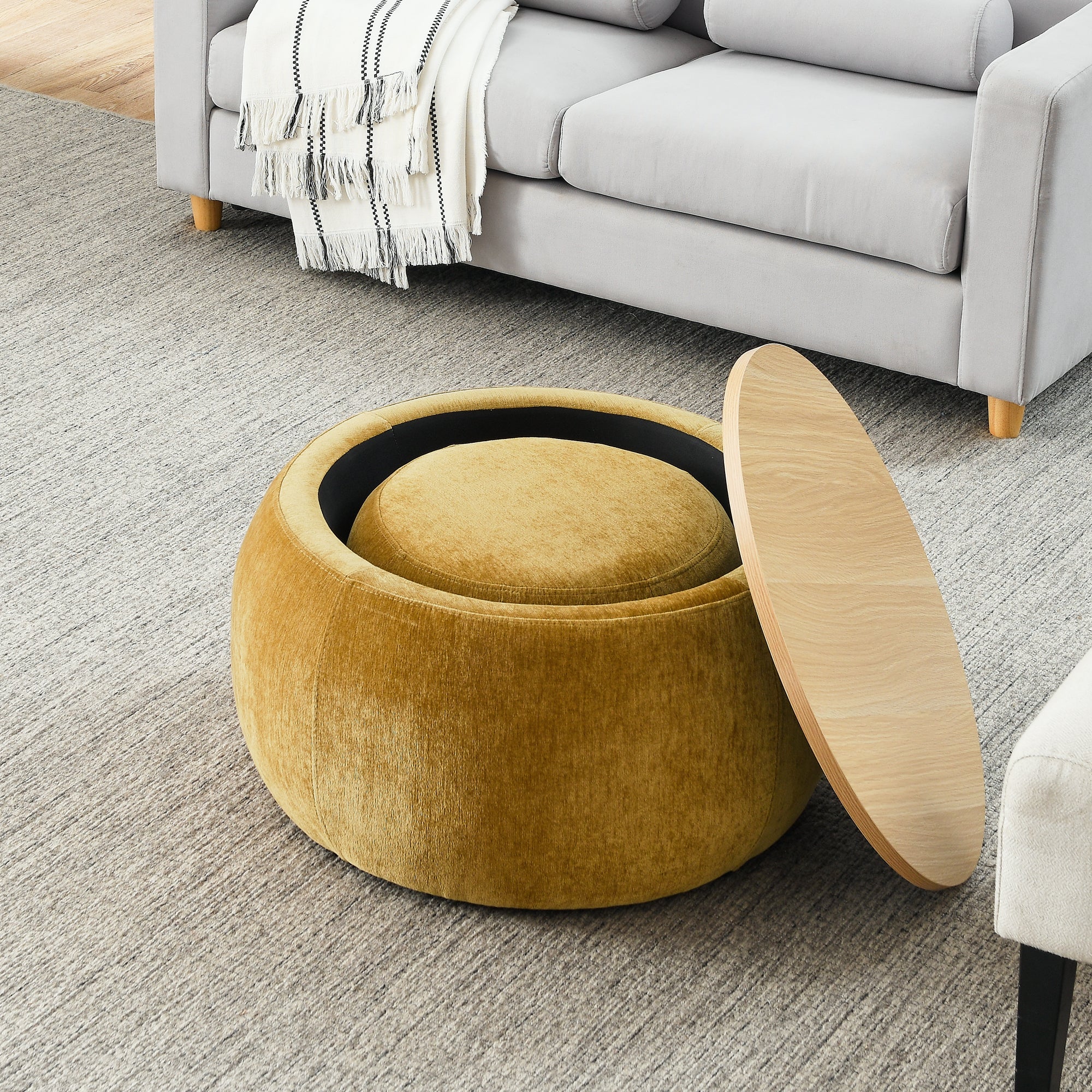 Round Storage Ottoman, 2 in 1 Function, Work as End table and Ottoman,with small seat,Dark yellow(25"x25"x14.7") ow