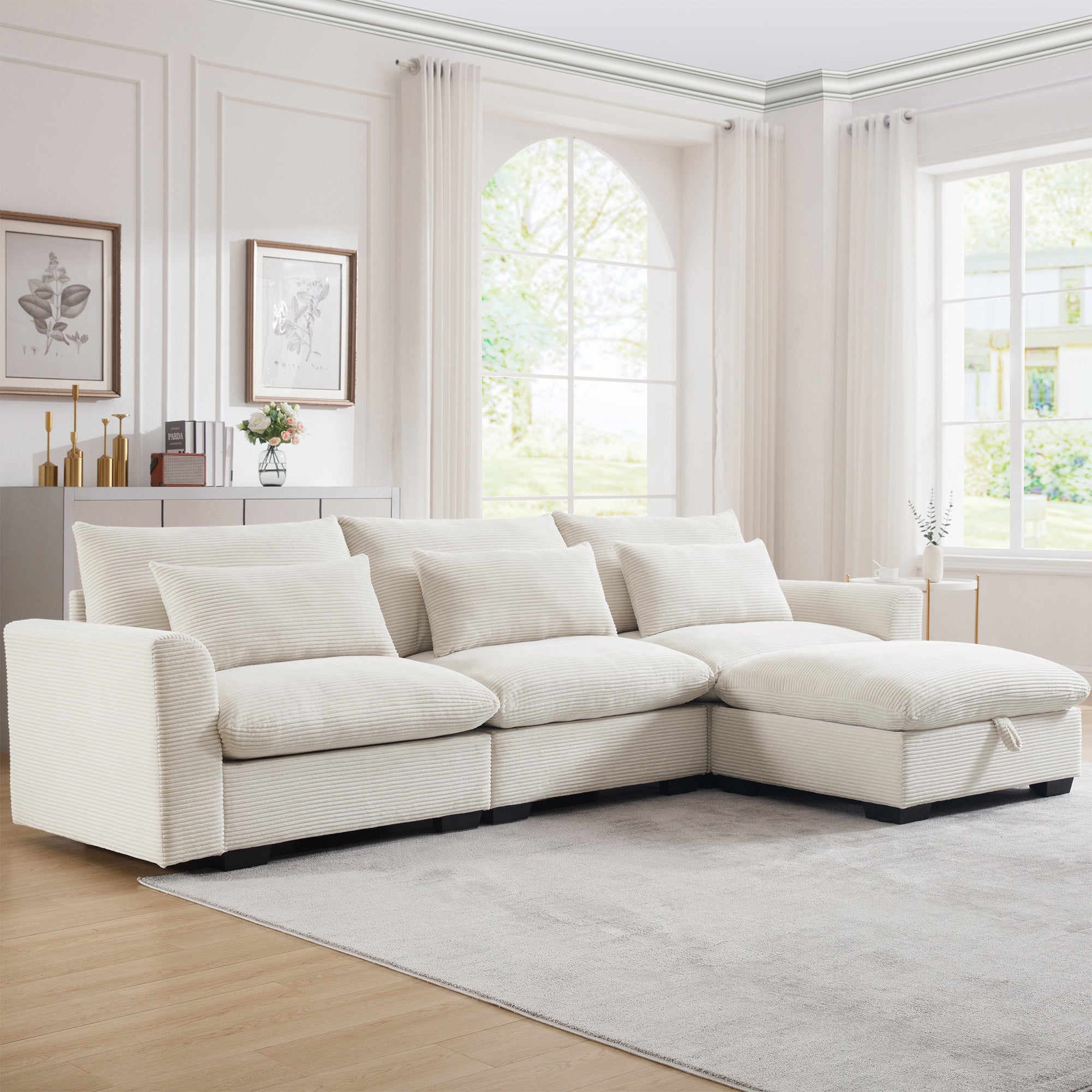 Corduroy Sectional Sofa,  L Shaped Couch with Storage Footstool and 3 Pillow, Sectional Couch for Living Room Apartment, Beige