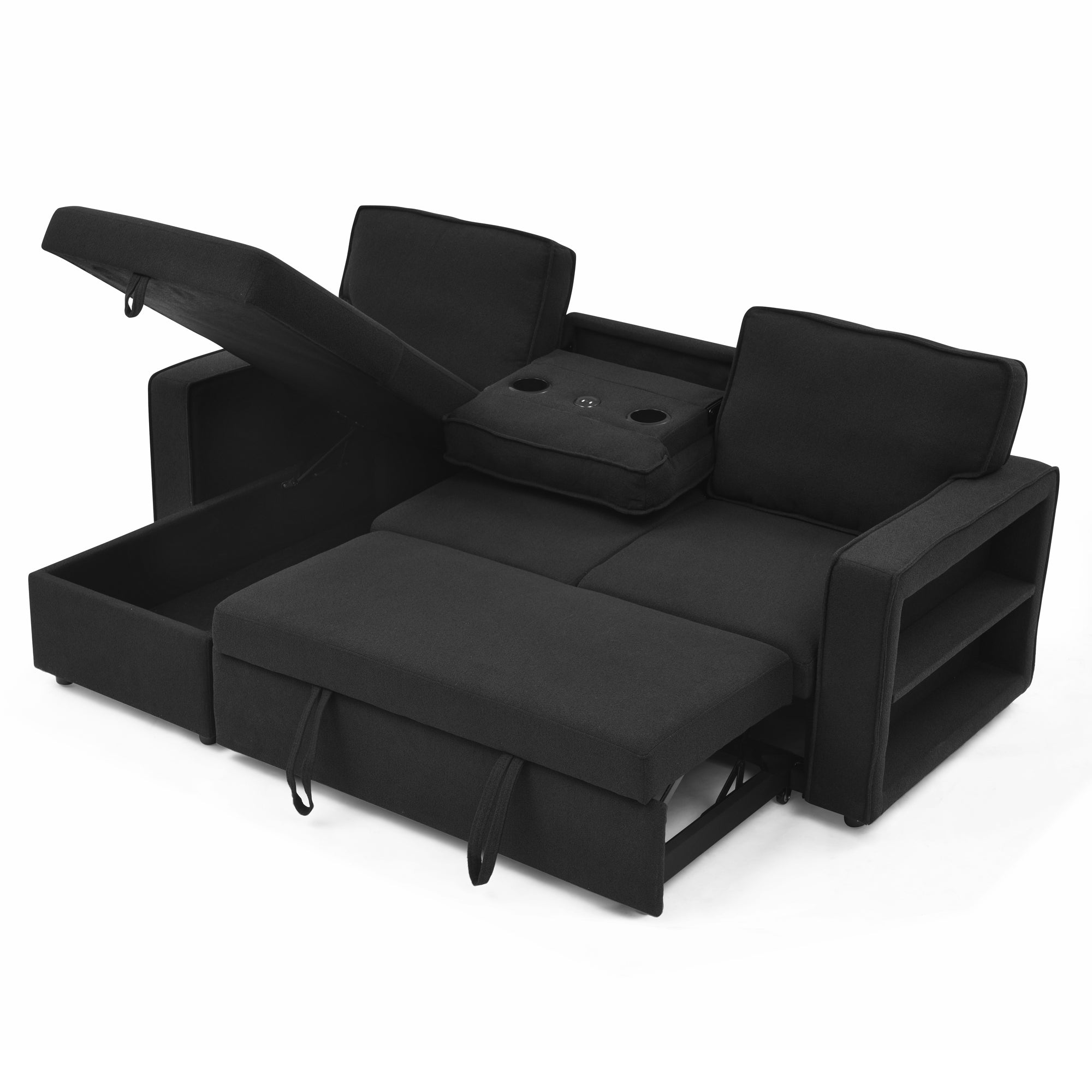 Linen Upholstered Sleeper Sectional Sofa, Shaped Modular Convertible Sofa with Storage Chaise,There are two cup holders in the middle and USB multi-interface function,Pull Out Sleep Couch Bed ,Black