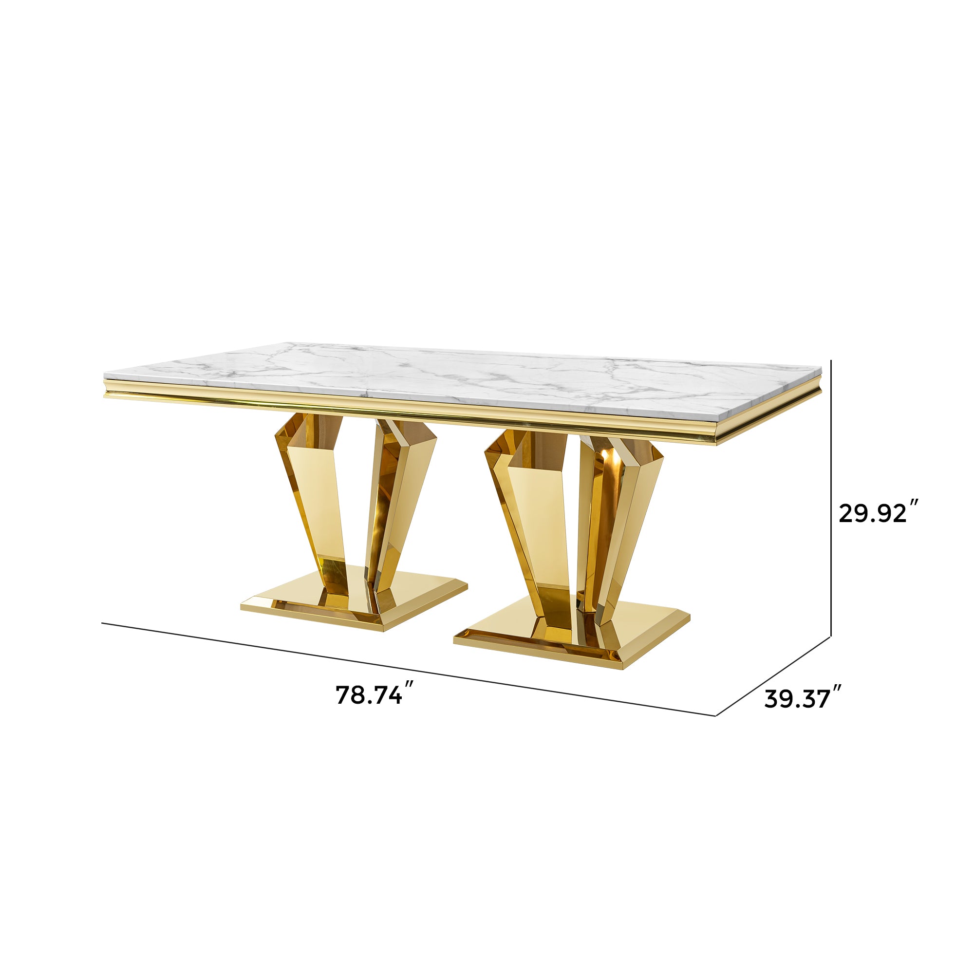 Rectangular Dining Table with Gold Polished Stainless Steel Base & MDF Marble Top for 6 - 8