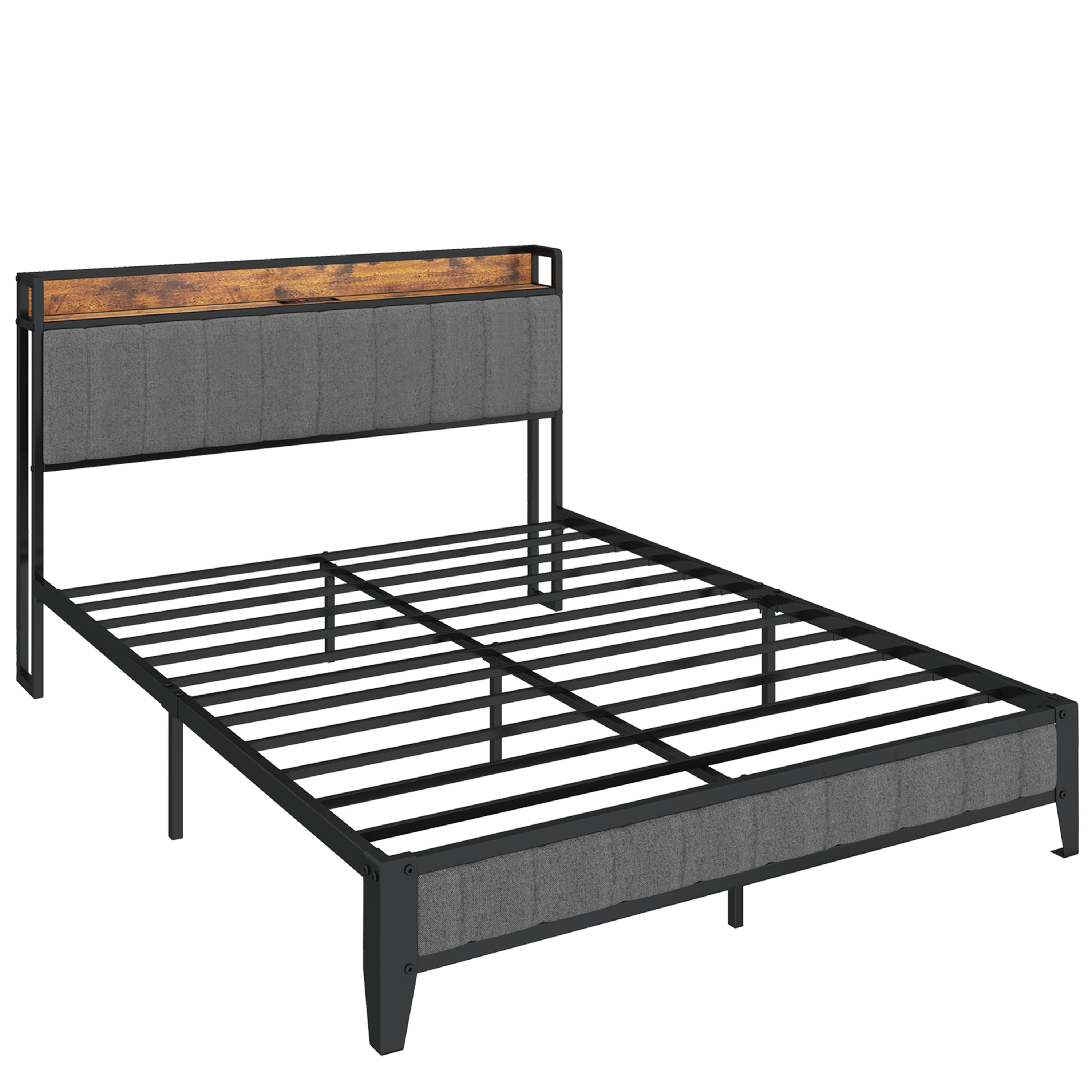 Full Size Bed Frame with Charging Station, Upholstered Headboard, Metal Platform, Grey